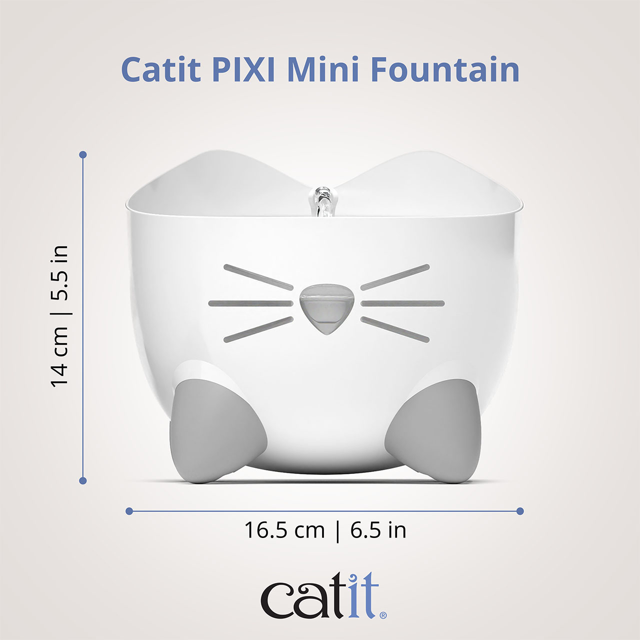 Catit PIXI Mini Fountain with dimensions of 14 cm (5.5 in) in height and 16.5 cm (6.5 in) in width