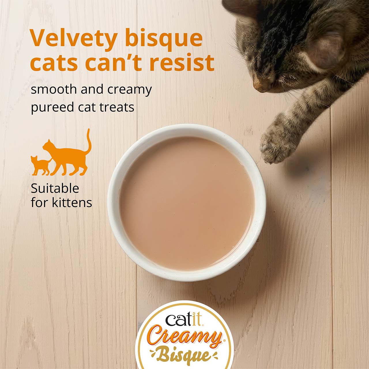 Catit Creamy Bisque is a smooth, pureed cat treat suitable for kittens, shown in a bowl with a cat reaching toward it