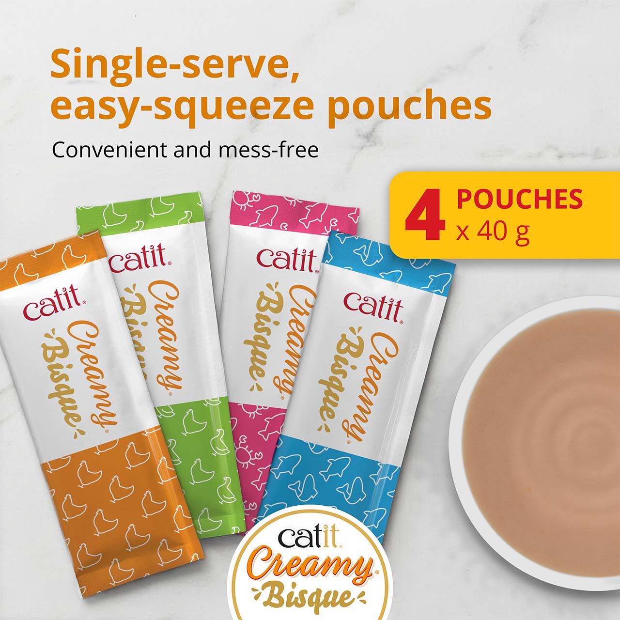 Catit Creamy Bisque cat treat pouches in four flavors, sold in a pack of four 40g pouches