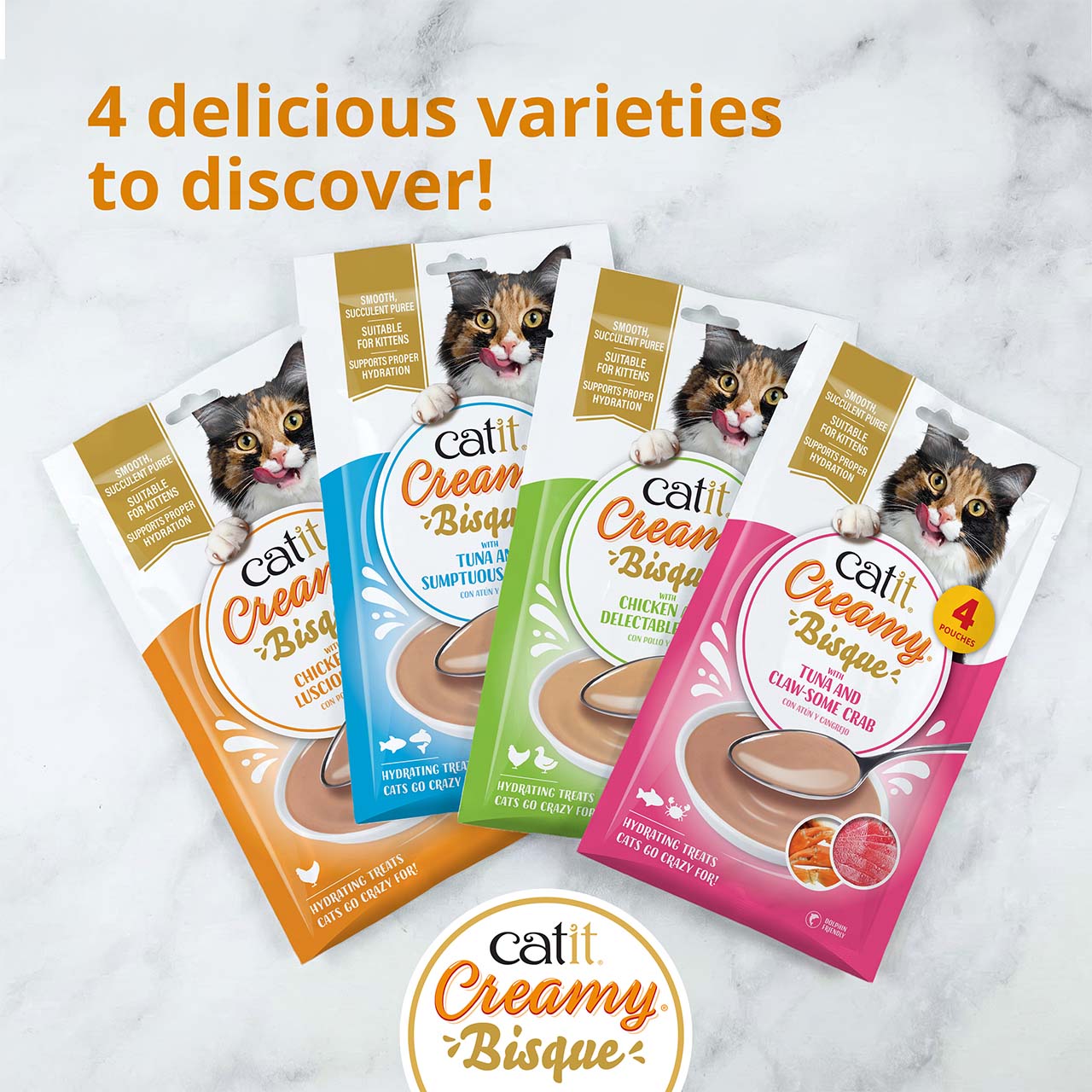 Promotional graphic for four varieties of Catit Creamy Bisque cat treats, highlighting their suitability for kittens