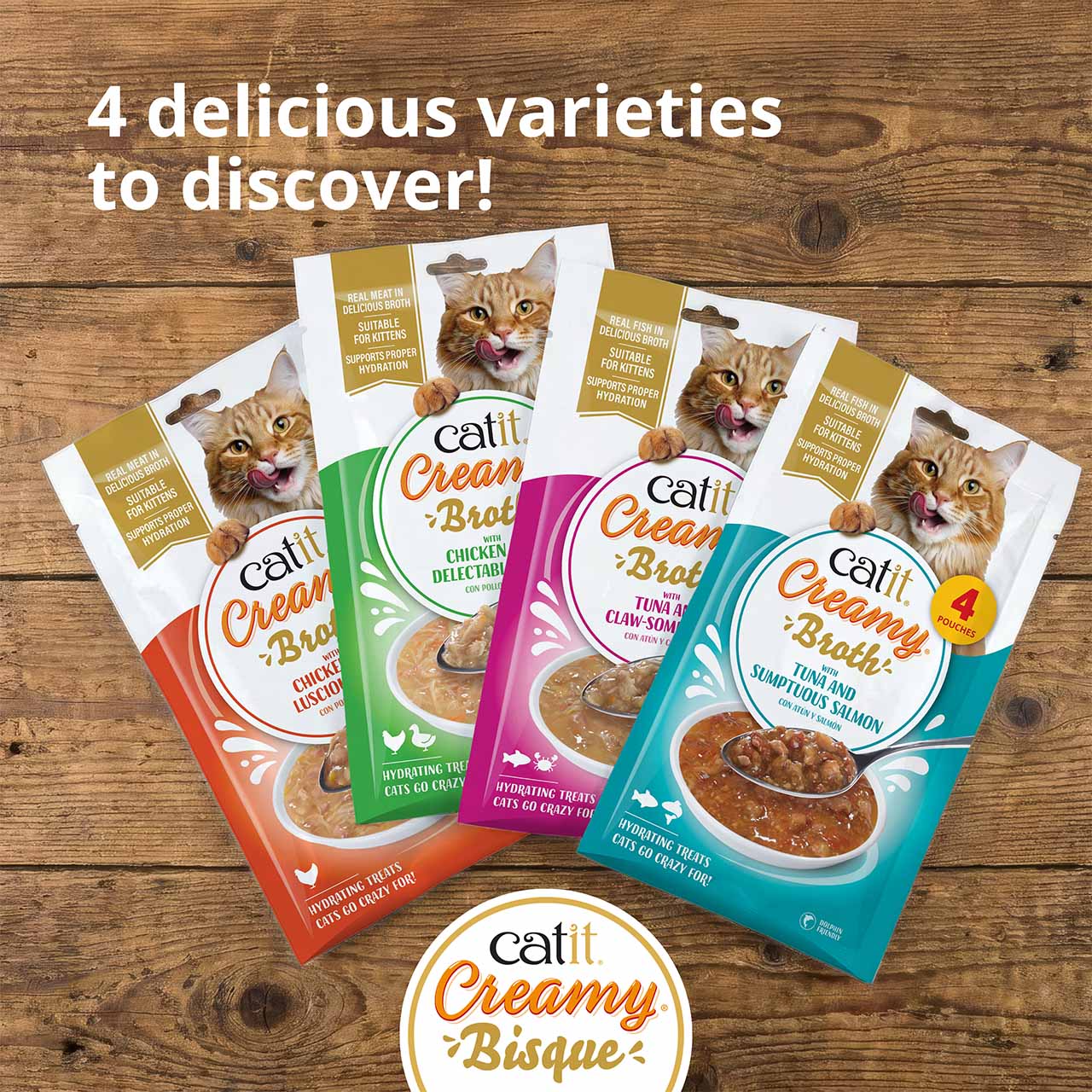 Four varieties of Catit Creamy Broth cat treat pouches, suitable for kittens and designed to support hydration