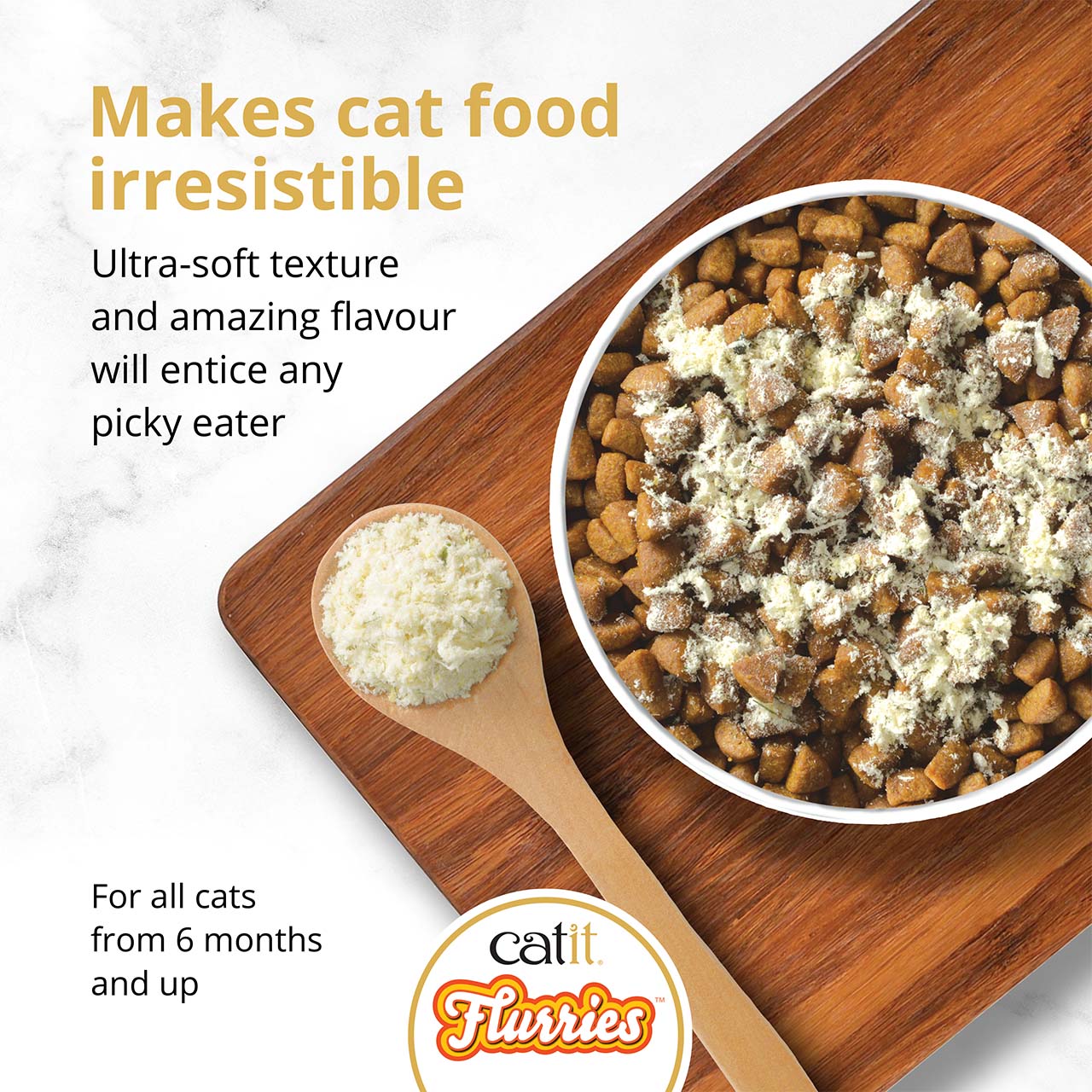 Catit Flurries cat food topper with an ultra-soft texture for cats 6 months and older