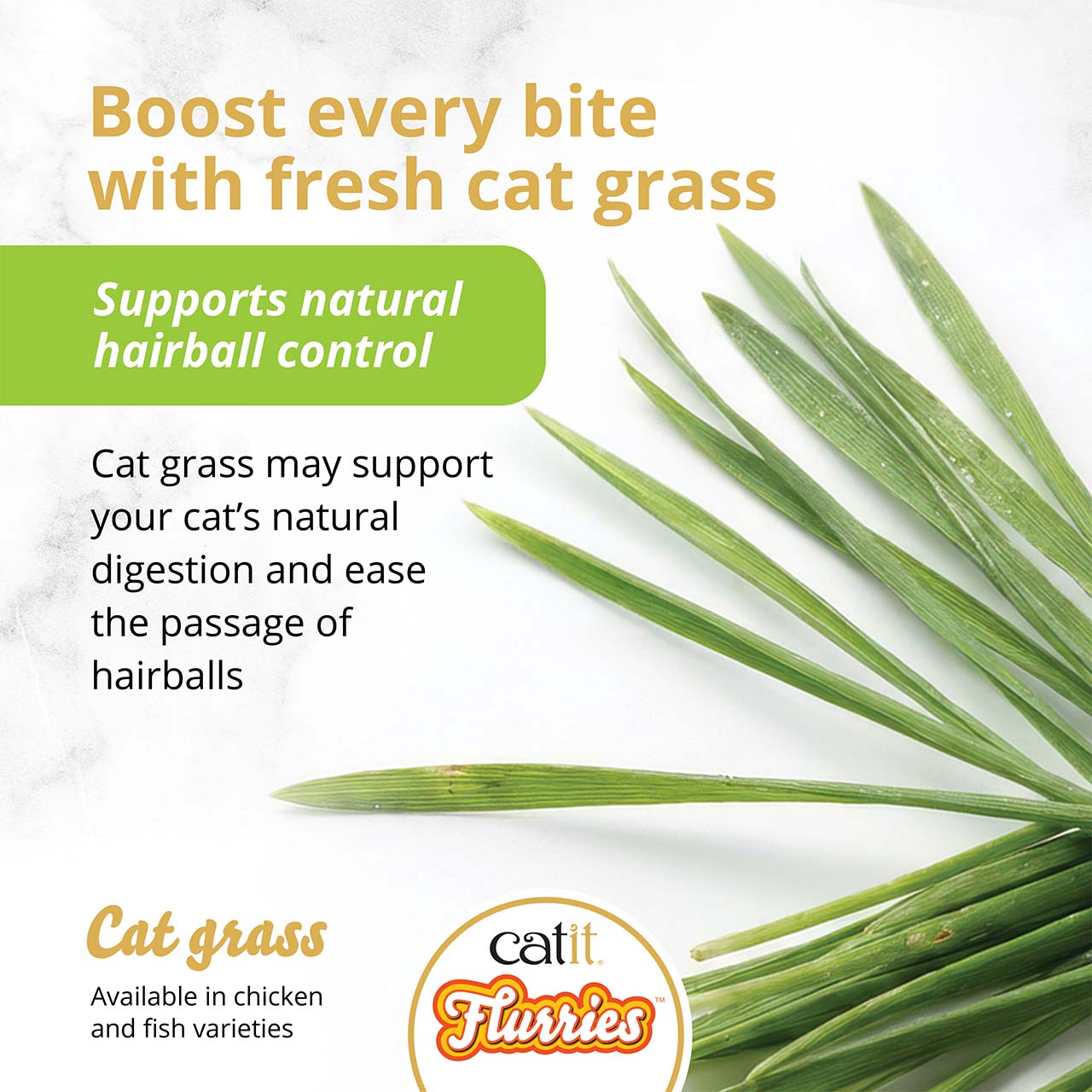 Promotional graphic for Catit Flurries cat grass, highlighting its benefits for natural digestion and hairball control