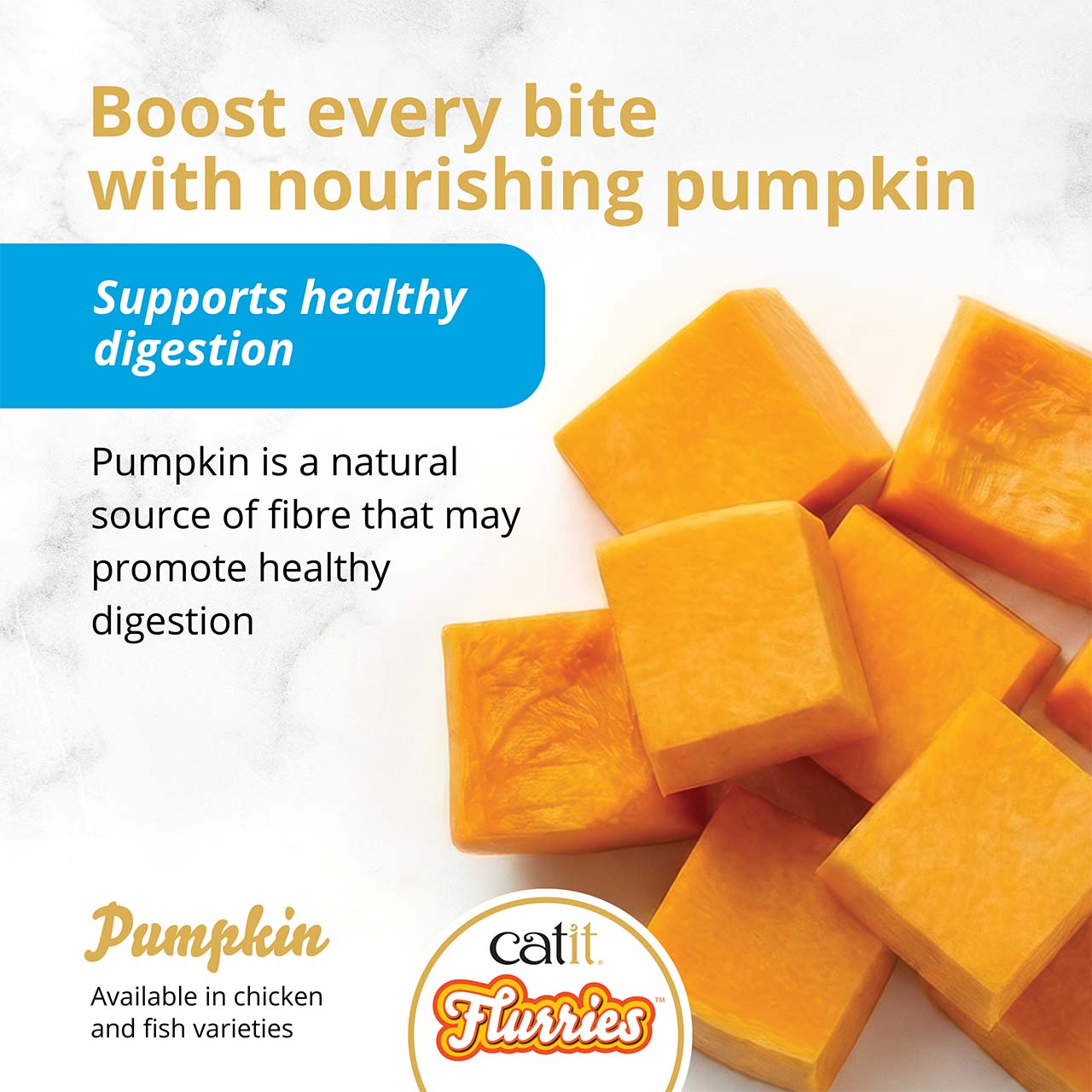 Catit Flurries cat treats feature pumpkin as a natural source of fiber to support healthy digestion, available in chicken and fish varieties