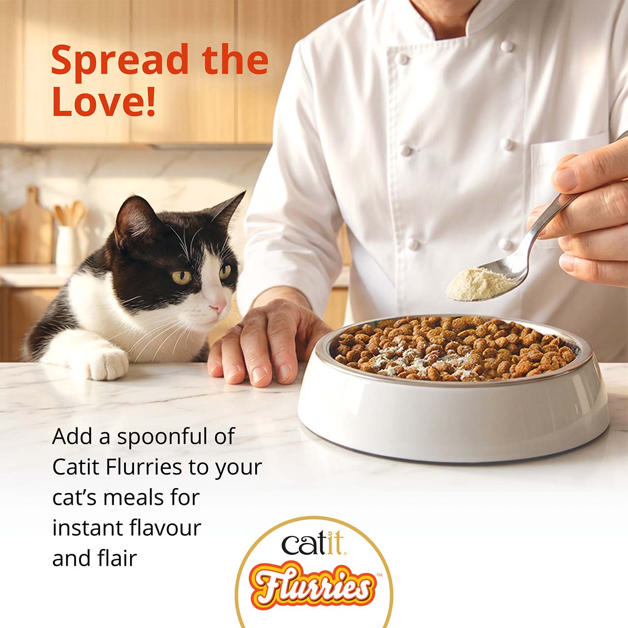 A chef sprinkles Catit Flurries powder onto a bowl of dry cat food while a cat watches expectantly, promoting the product for added flavor