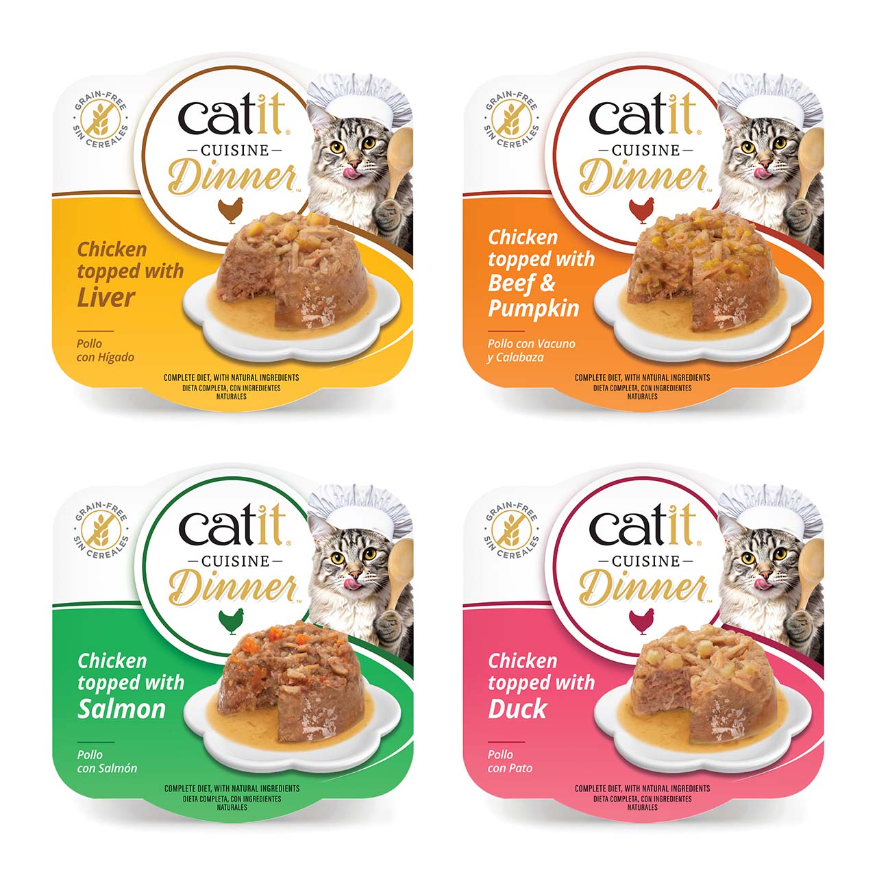 Four varieties of Catit Cuisine Dinner grain-free wet cat food in individual packaging, featuring chicken with liver, beef and pumpkin, salmon, or duck