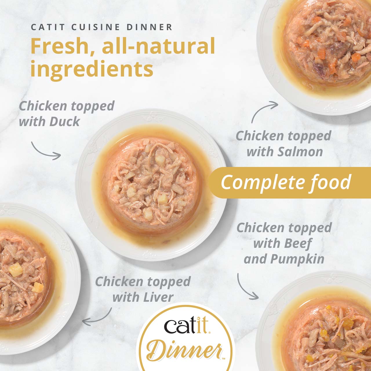 Promotional graphic for Catit Cuisine Dinner, showcasing four varieties of complete cat food featuring chicken topped with other ingredients