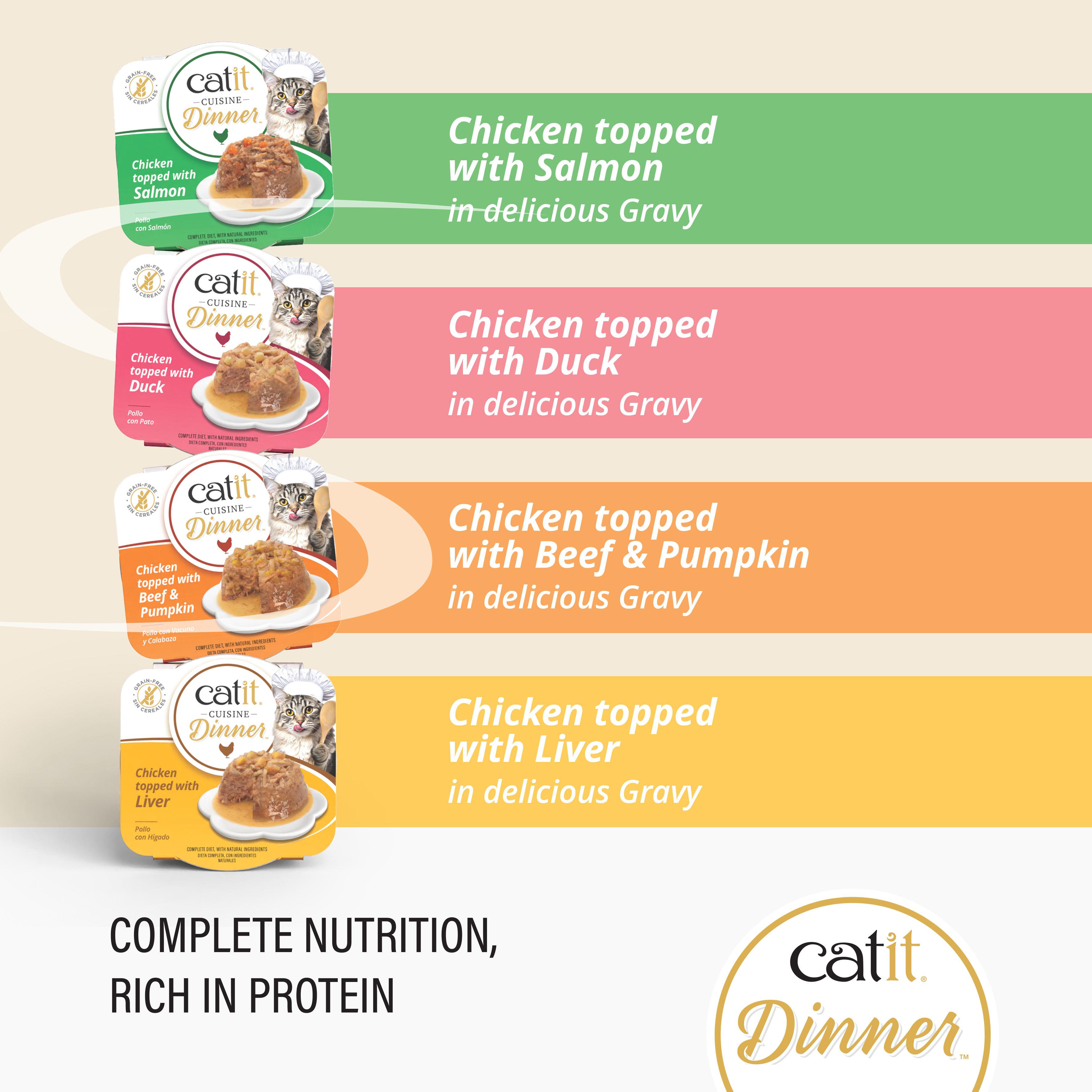 Catit Cuisine Dinner wet cat food varieties featuring chicken topped with salmon, duck, beef and pumpkin, or liver