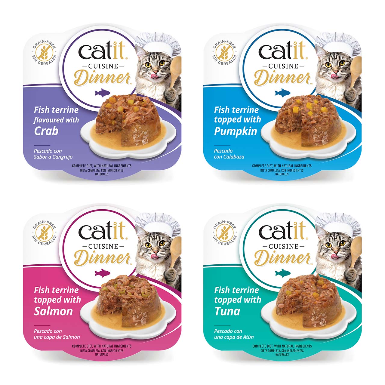 Four varieties of Catit Cuisine Dinner grain-free fish terrine cat food packaging featuring crab, pumpkin, salmon, and tuna flavors