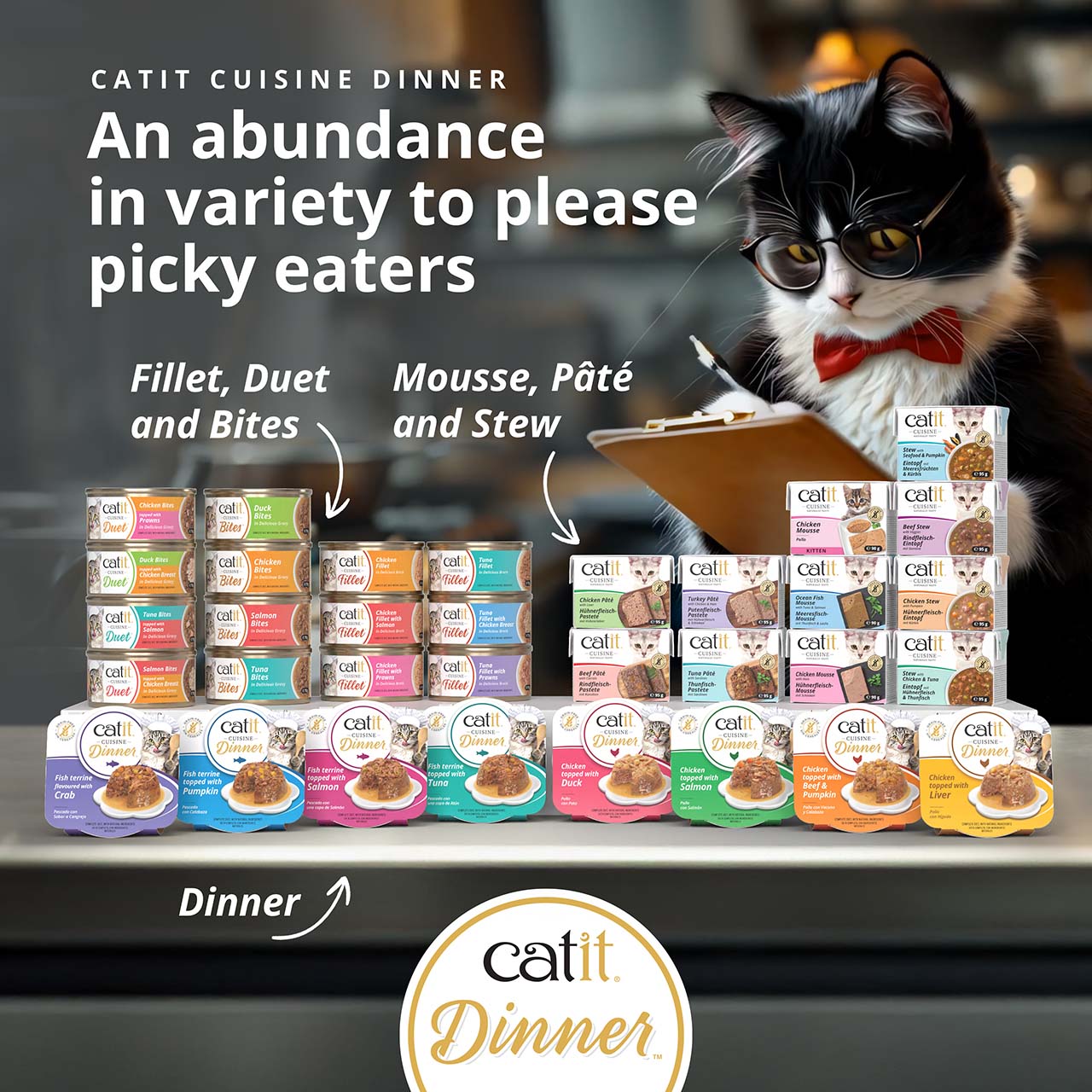 Catit Cuisine Dinner cat food variety display featuring cans, pouches, and trays with a cat wearing glasses in the background