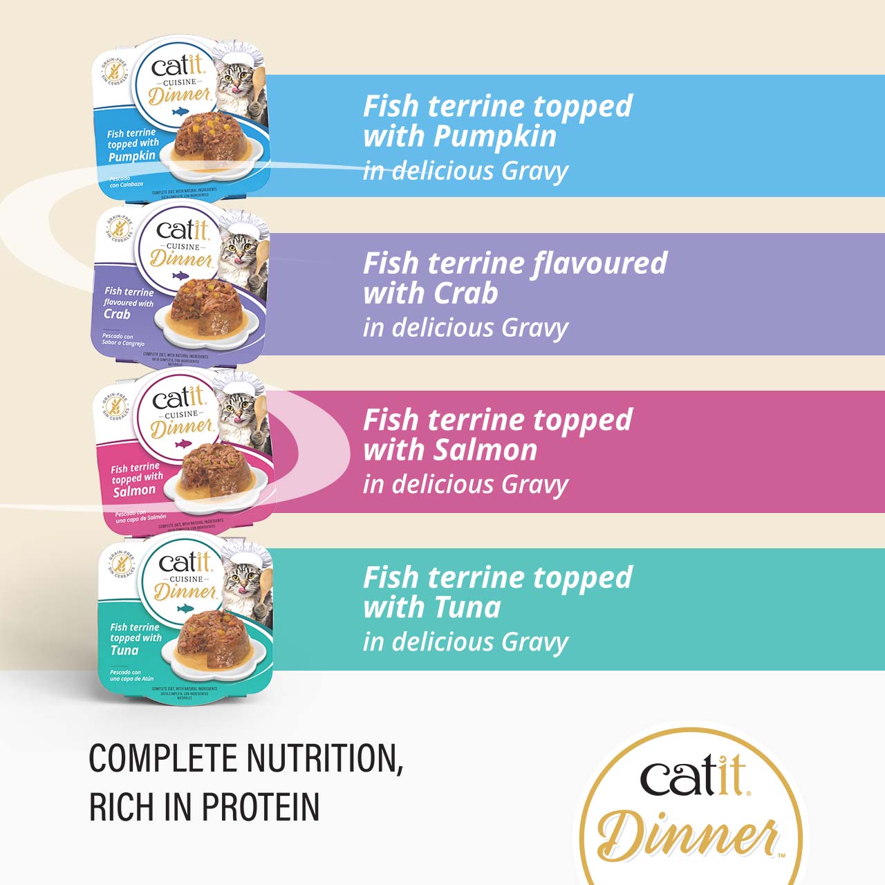 Catit Cuisine Dinner wet cat food in four varieties: fish terrine with pumpkin, crab, salmon, or tuna in gravy