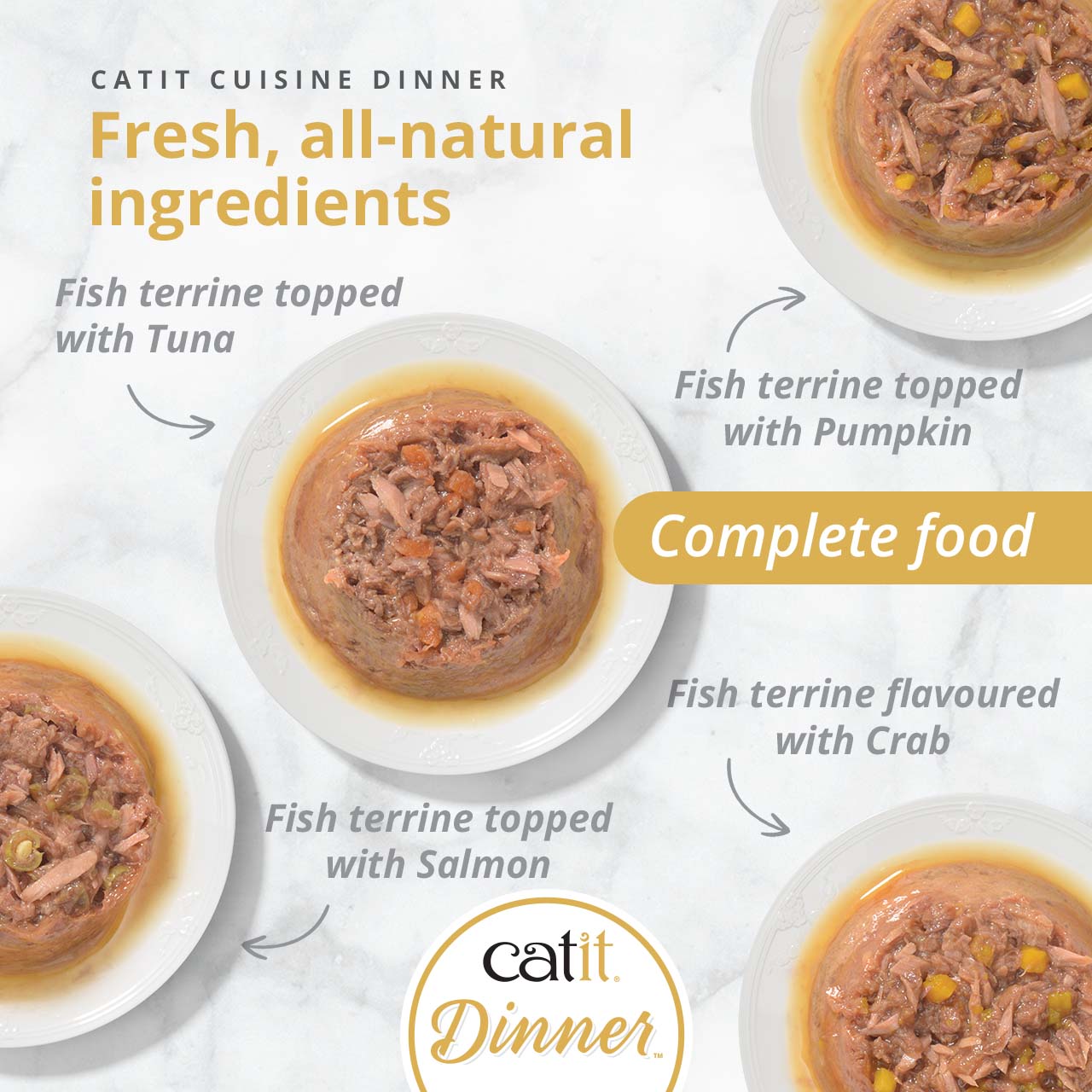 Promotional graphic for Catit Cuisine Dinner, a complete, all-natural cat food available in four fish terrine varieties