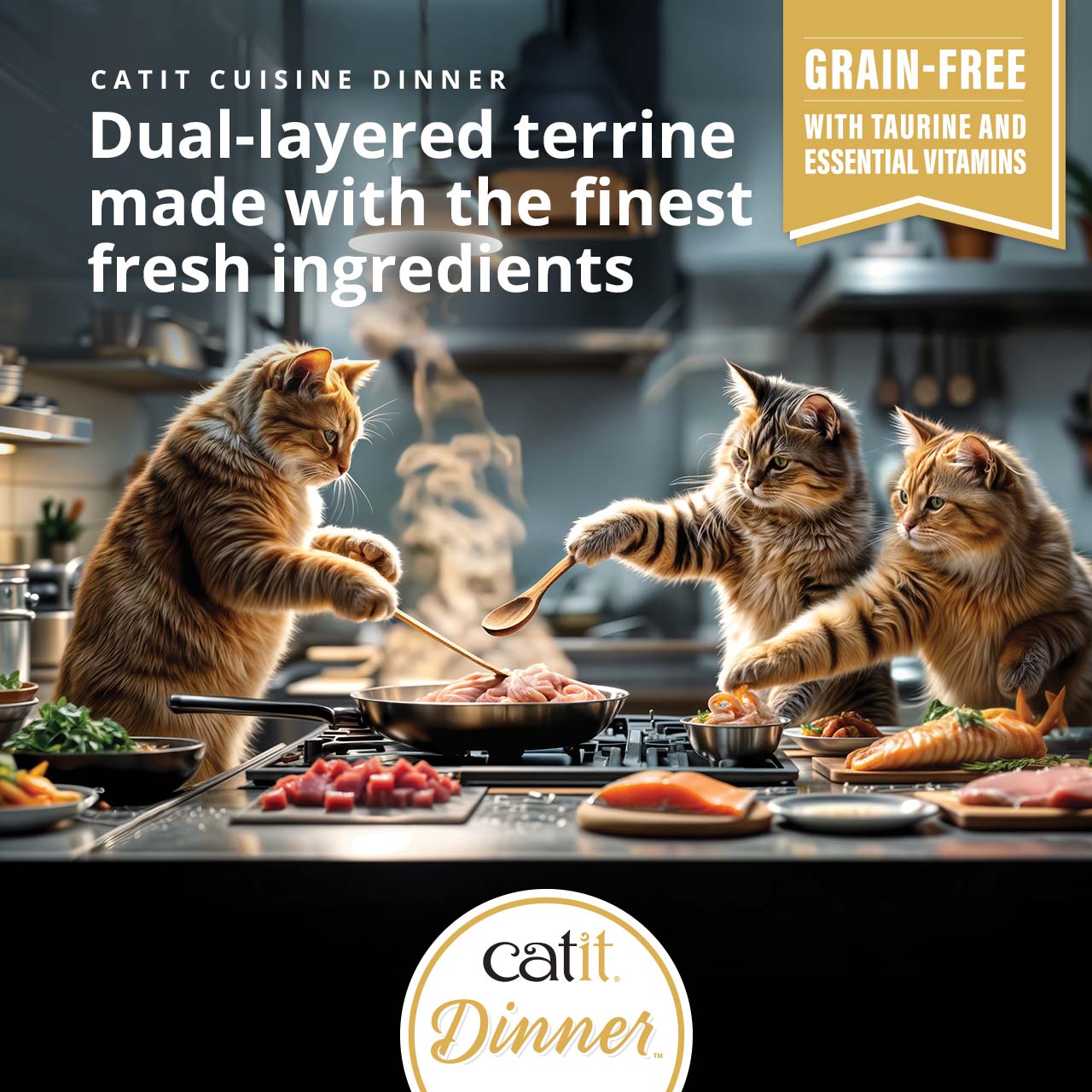 Promotional banner for Catit Cuisine Dinner featuring three cats cooking with fresh ingredients, highlighting its grain-free, taurine-rich, and vitamin-enriched formula