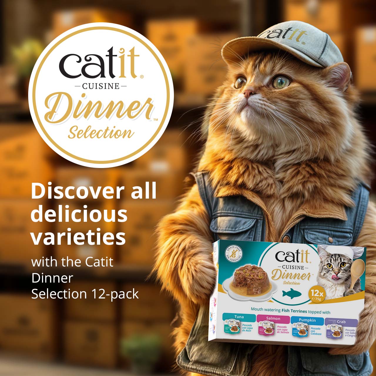 Promotional graphic for Catit Cuisine Dinner Selection 12-pack featuring a cat holding the product packaging