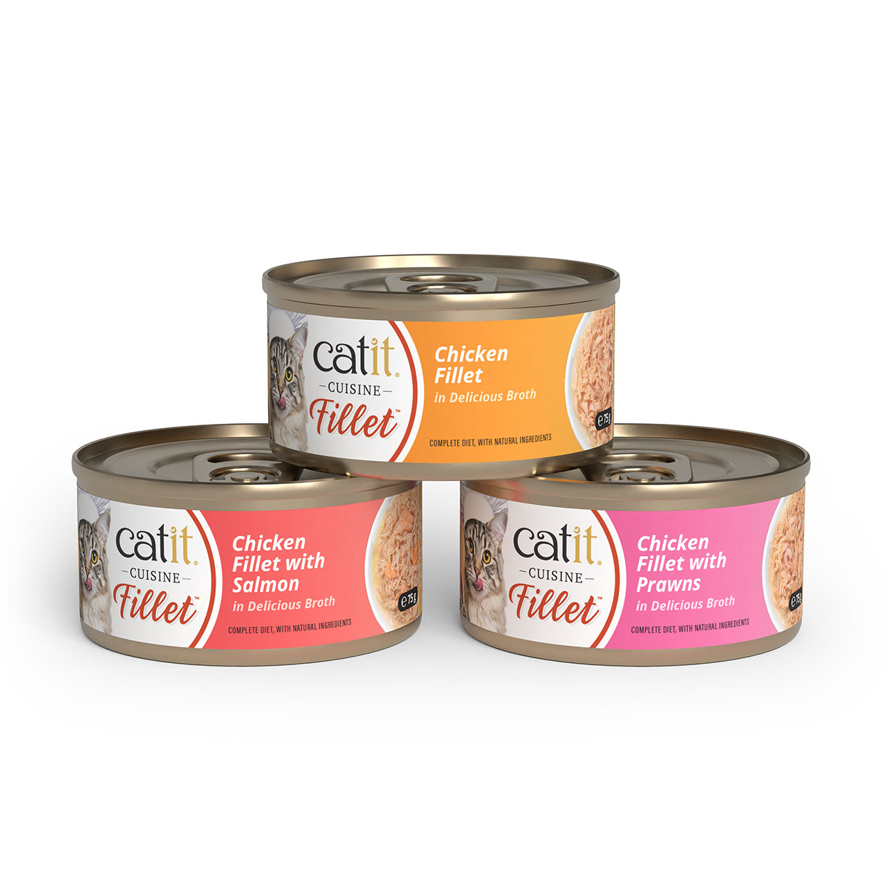 Three cans of Catit Cuisine Fillet cat food in Chicken, Chicken with Salmon, and Chicken with Prawns flavors