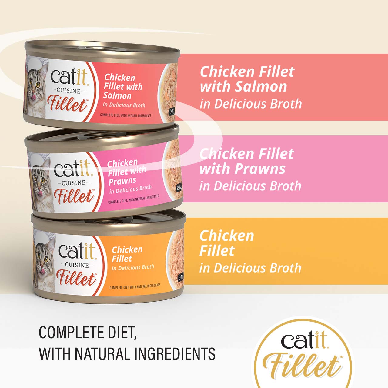 Catit Cuisine Fillet wet cat food in three varieties: Chicken Fillet with Salmon, Chicken Fillet with Prawns, and Chicken Fillet