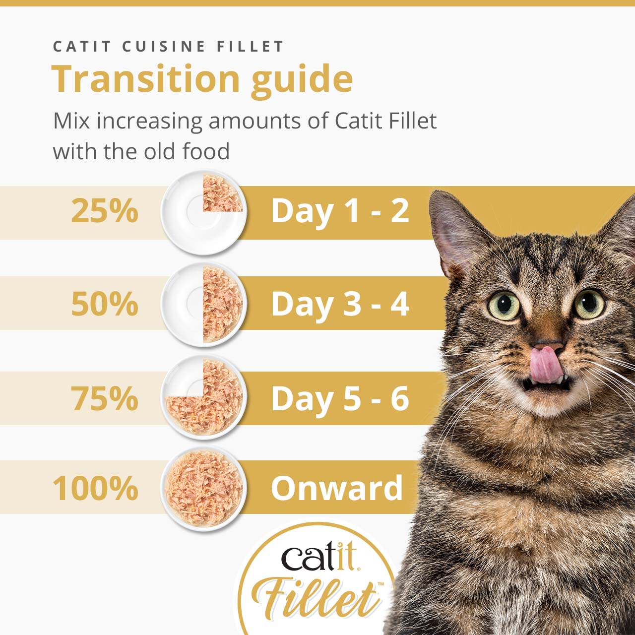 Infographic showing a transition guide for introducing Catit Cuisine Fillet cat food over six days, increasing the ratio to 100%