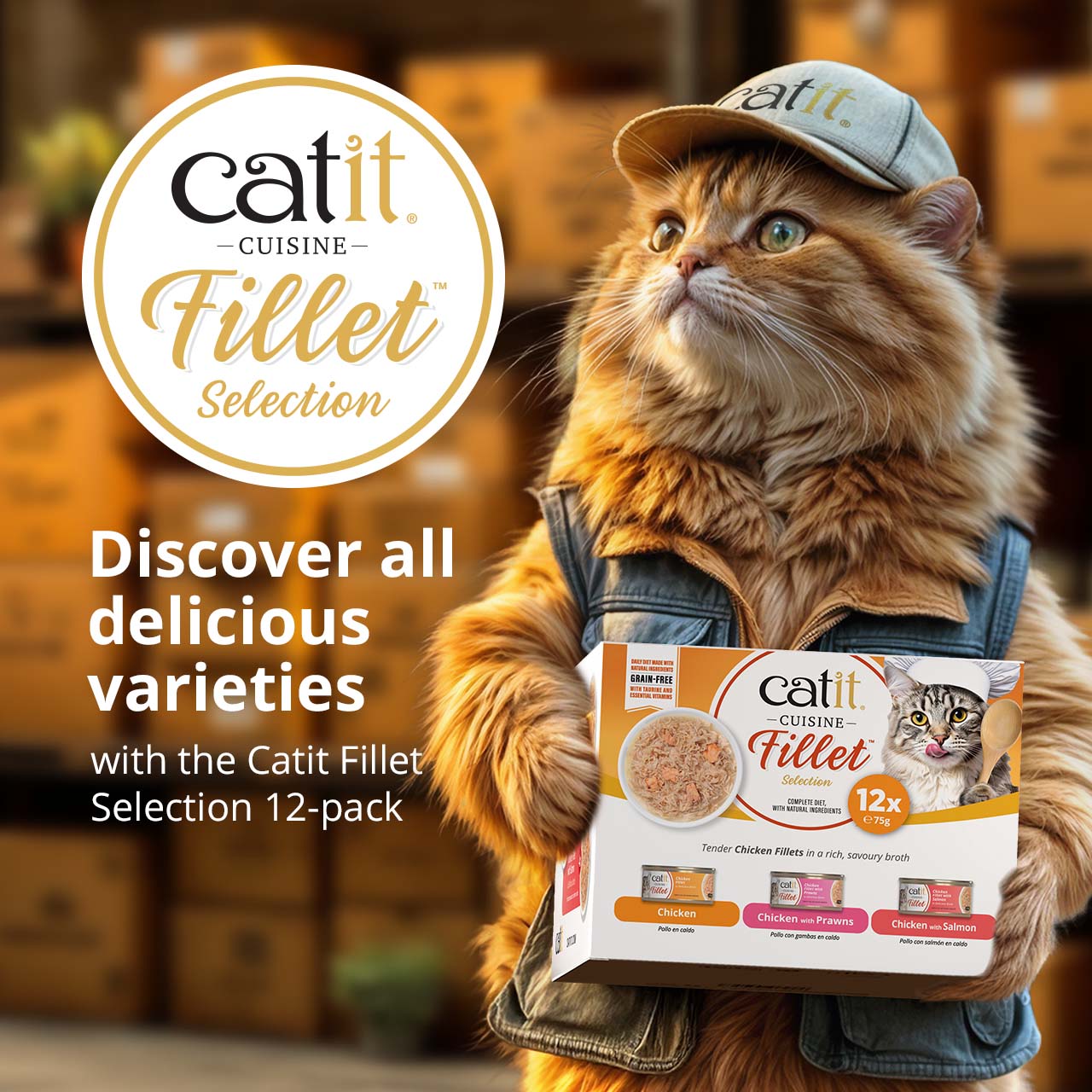 A cat wearing a cap and vest holds a 12-pack of Catit Cuisine Fillet cat food, promoting the variety pack.