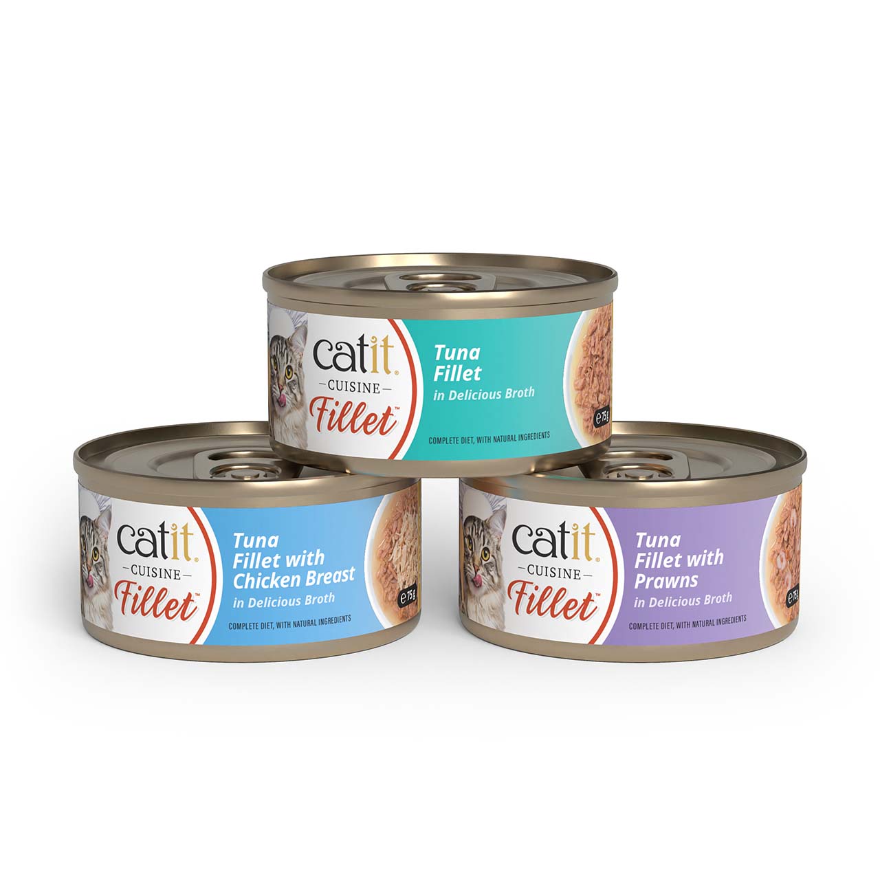 Three cans of Catit Cuisine Fillet cat food in Tuna, Tuna with Chicken Breast, and Tuna with Prawns flavors