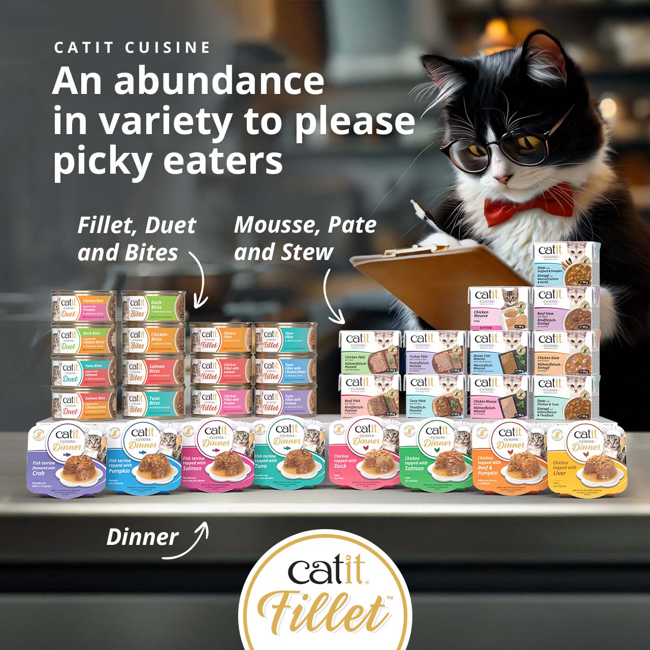 Catit Cuisine advertisement showcasing a variety of cat food products including fillets, duets, bites, mousse, pate, stew, and dinner trays with a cat wearing glasses in the background