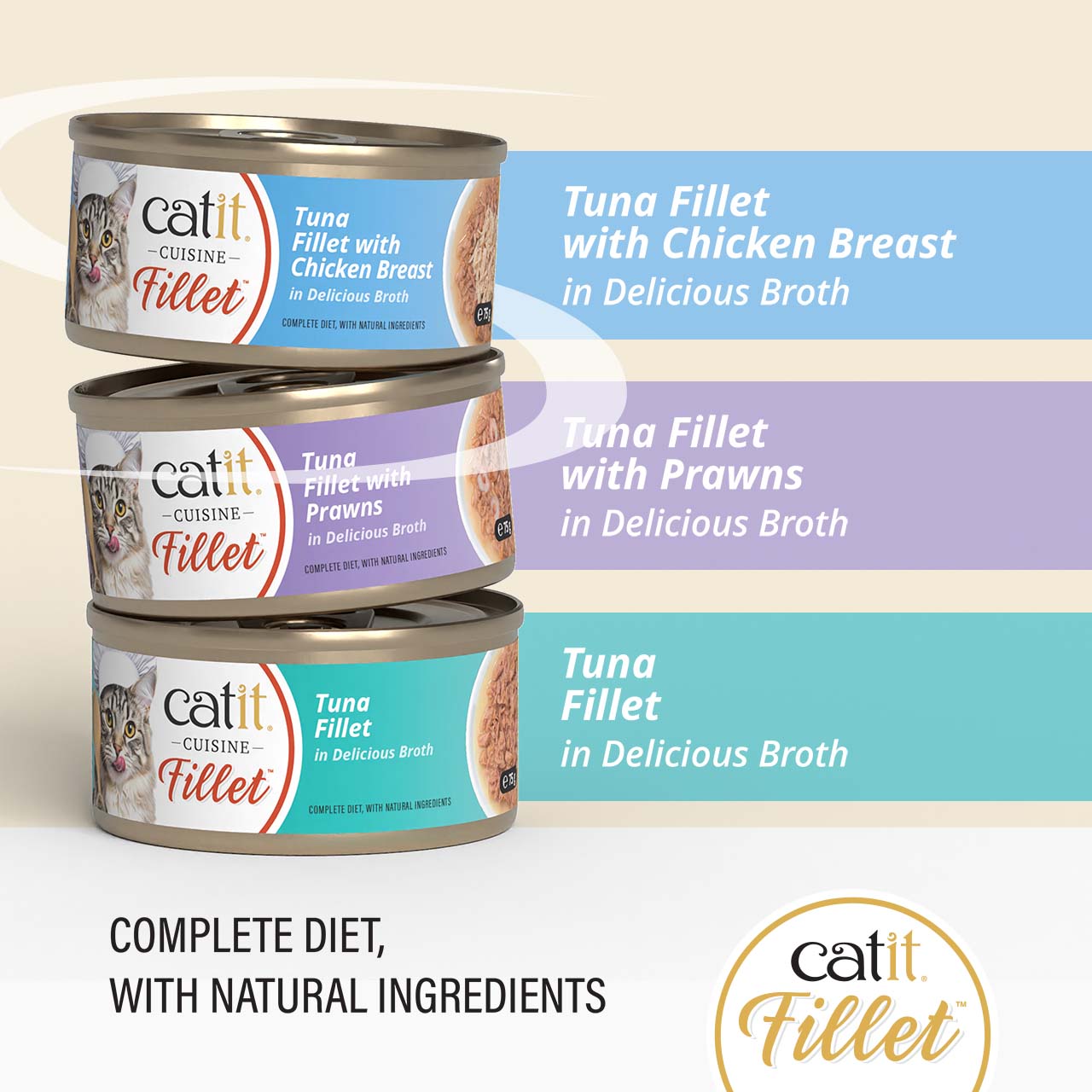 Catit Cuisine Fillet cat food in three varieties: Tuna with Chicken Breast, Tuna with Prawns, and plain Tuna in broth