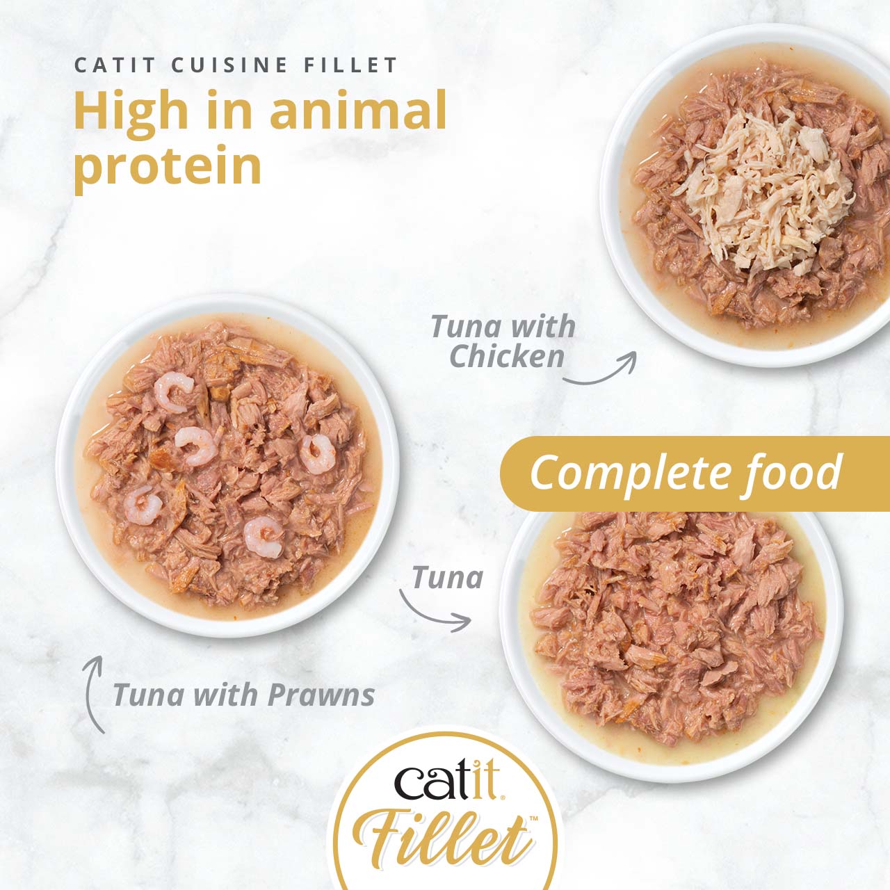 Catit Cuisine Fillet cat food varieties: Tuna with Chicken, Tuna with Prawns, and Tuna, highlighting high animal protein