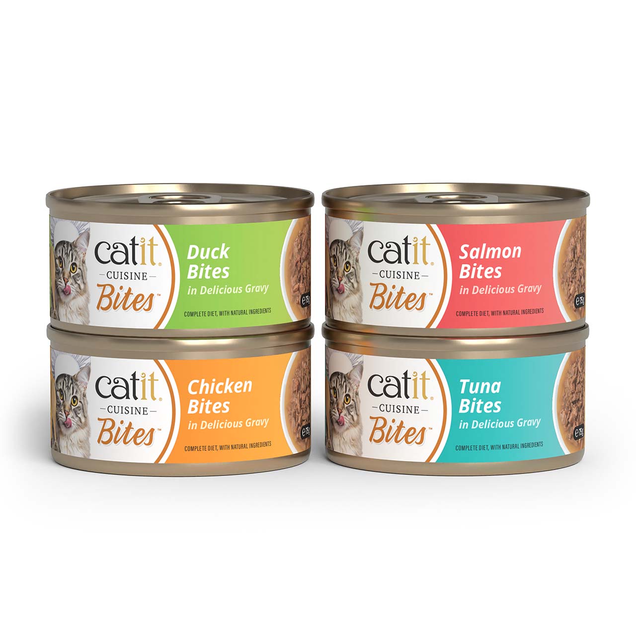 Four cans of Catit Cuisine Bites cat food in Duck, Salmon, Chicken, and Tuna flavors