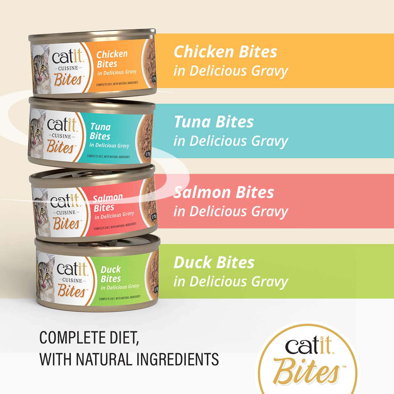 Catit Cuisine Bites wet cat food in four flavors: chicken, tuna, salmon, and duck, all in gravy
