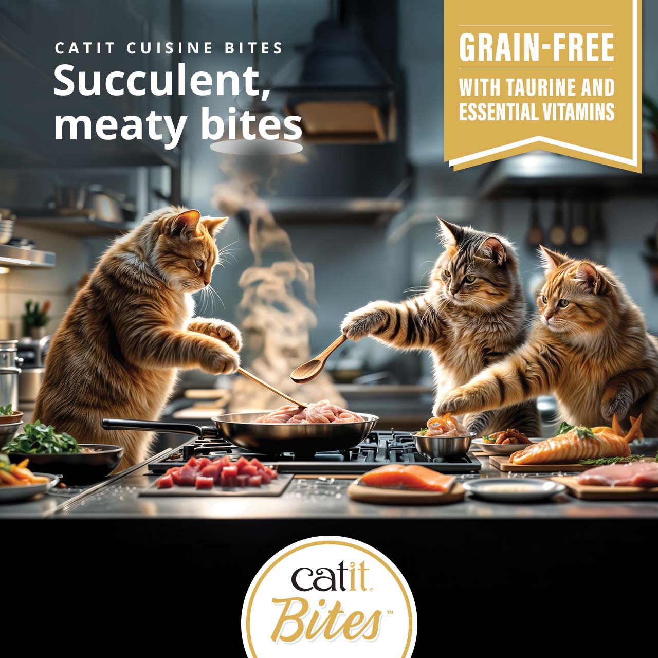 Catit Cuisine Bites promotional banner featuring three cats cooking meat in a kitchen, highlighting grain-free ingredients