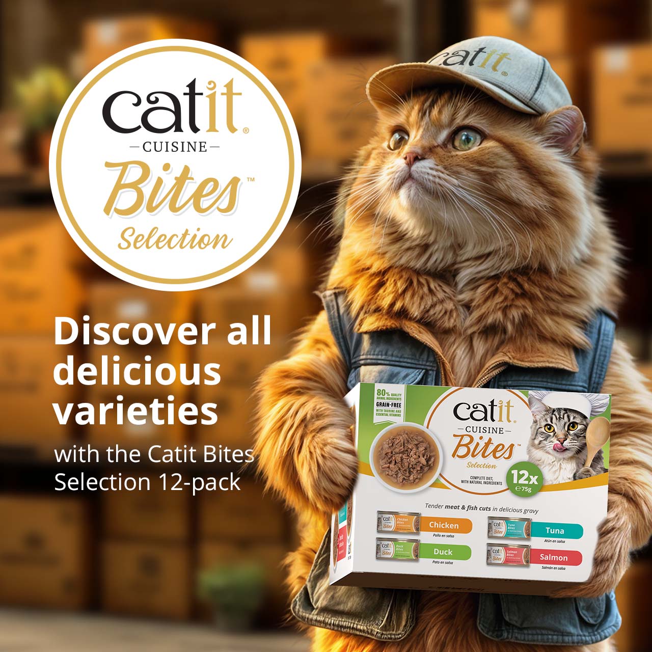 Promotional graphic for Catit Cuisine Bites cat food, featuring a cat holding a 12-pack variety selection of wet food