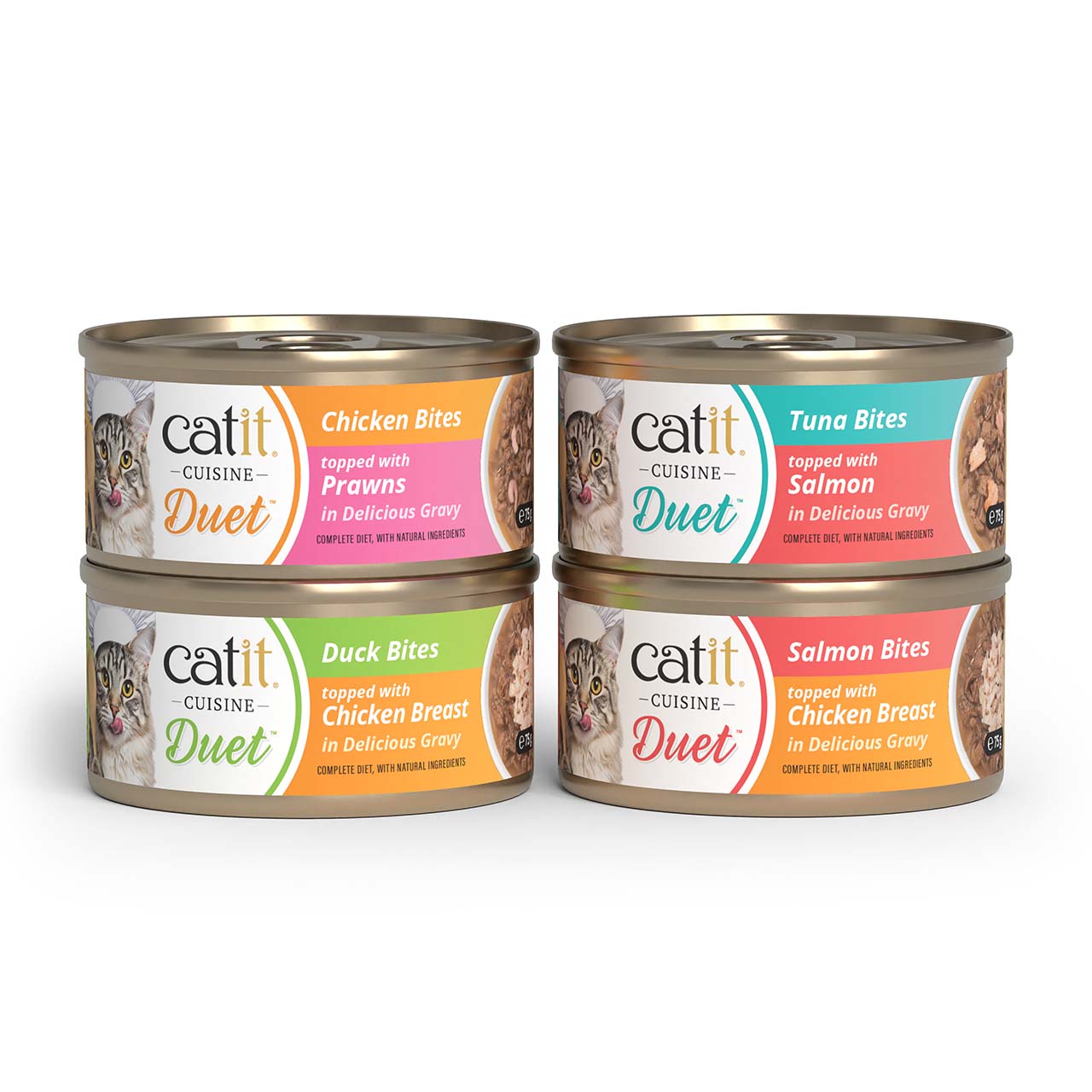 Four cans of Catit Cuisine Duet cat food in various flavors including Chicken, Tuna, Duck, and Salmon
