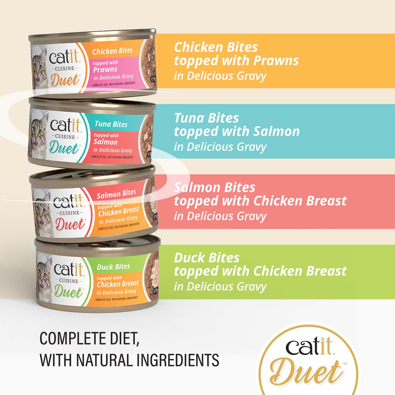 Catit Cuisine Duet wet cat food varieties featuring four flavor combinations with natural ingredients