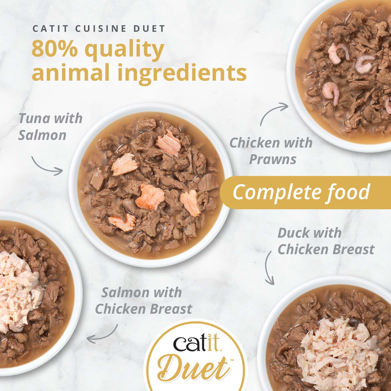 Catit Cuisine Duet cat food varieties featuring 80% quality animal ingredients, including tuna with salmon, chicken with prawns, salmon with chicken breast, and duck with chicken breast