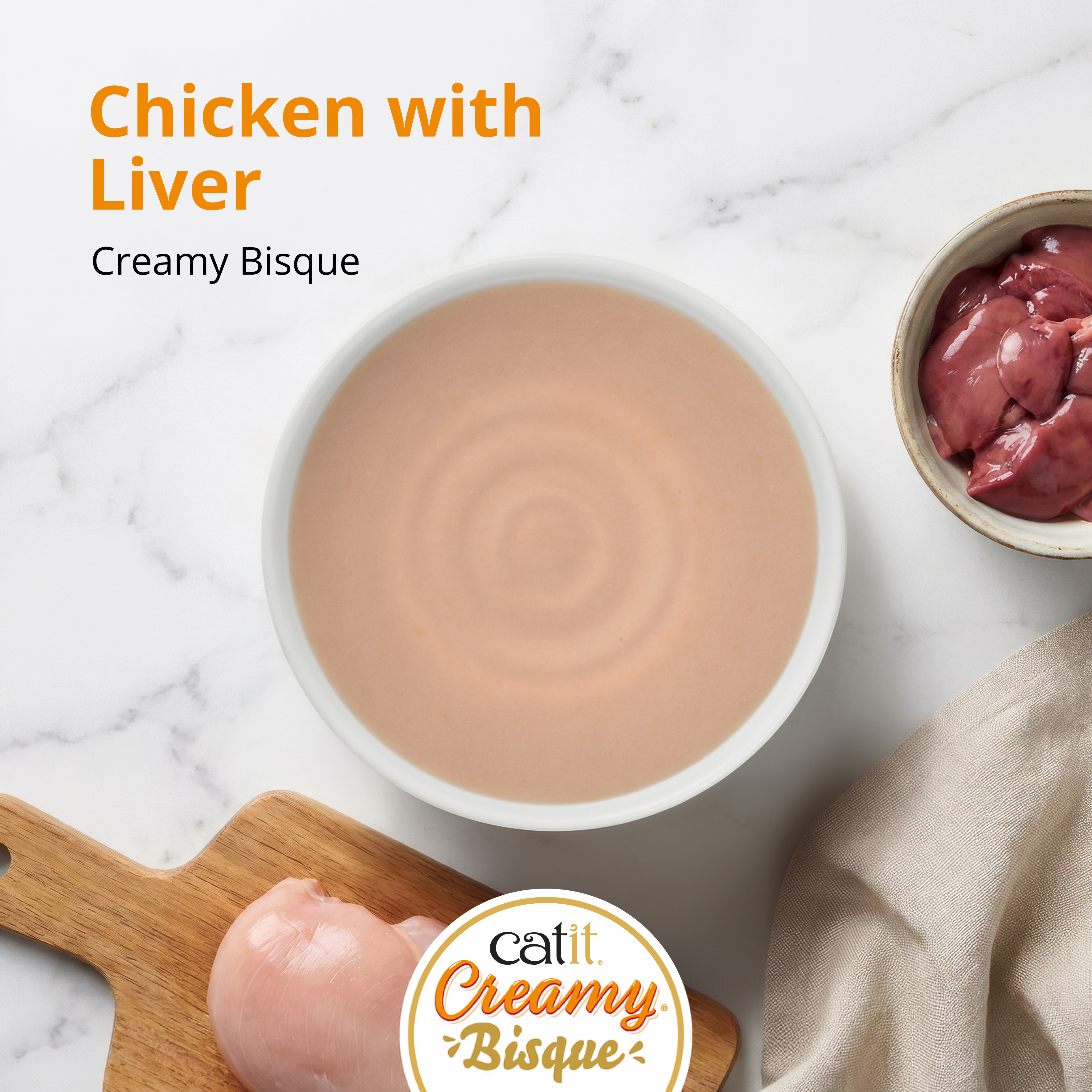 Catit Creamy Bisque cat treat in chicken and liver flavor, shown with raw chicken and liver ingredients