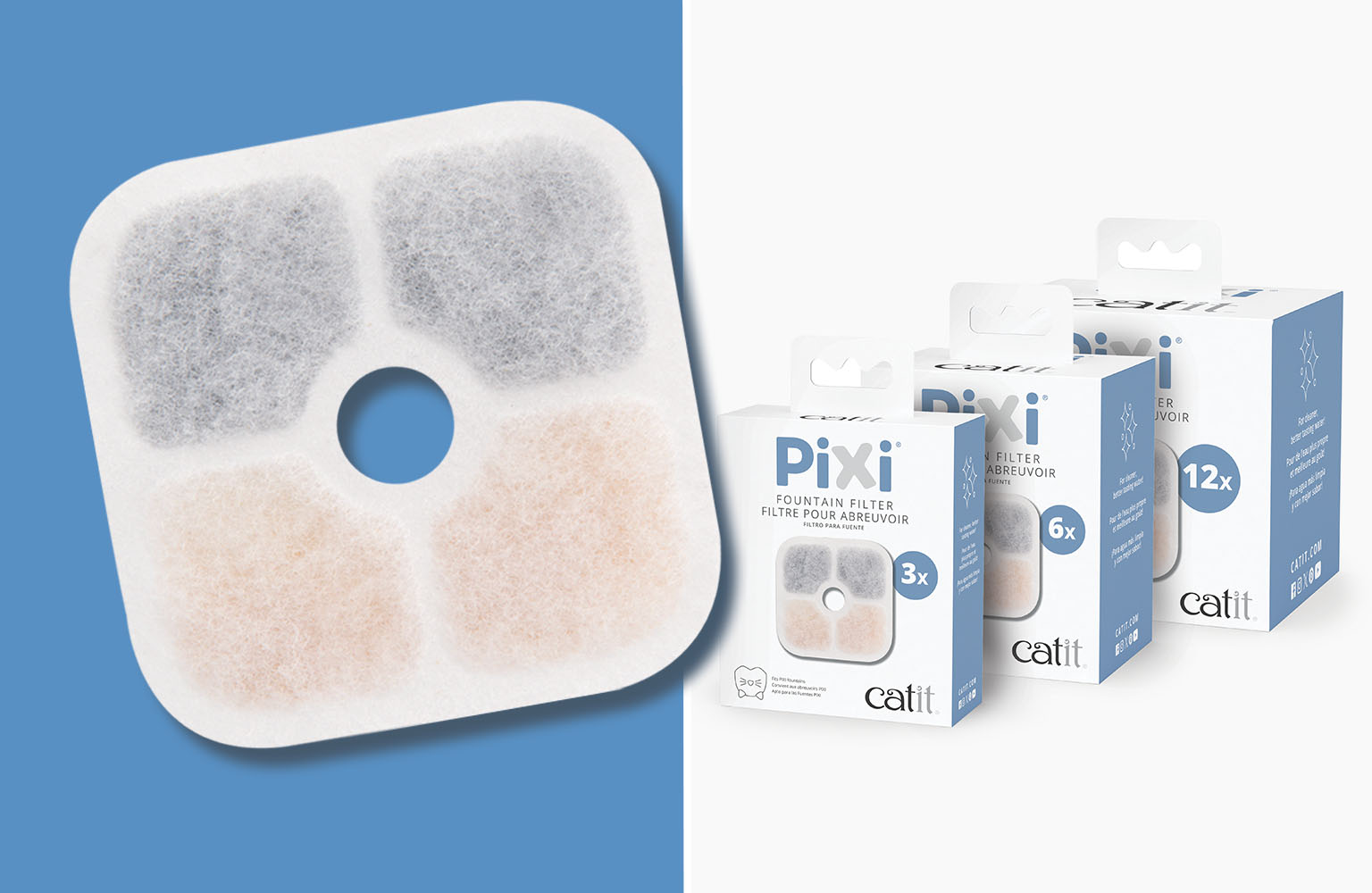 PIXI fountain filter and its 3x, 6x, and 12x packaging options