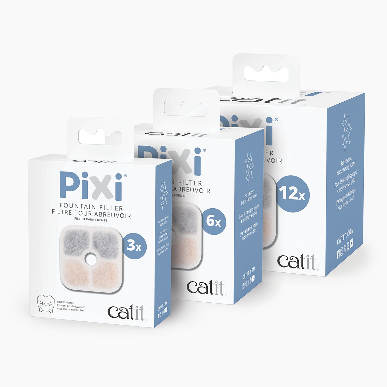 Three packages of Catit PIXI fountain filters in 3x, 6x, and 12x quantities