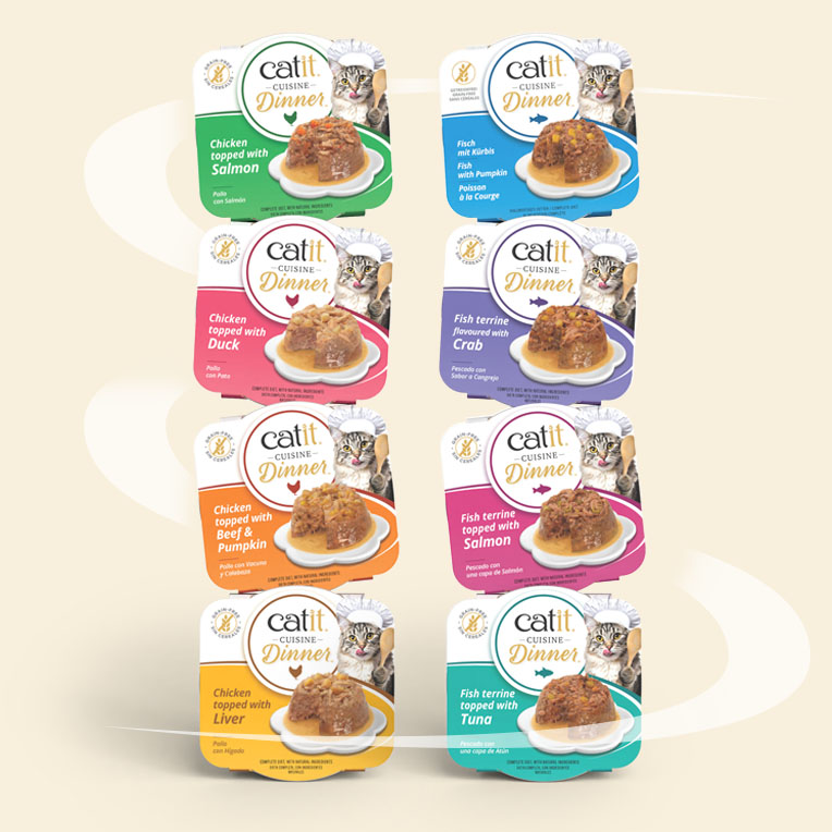 Eight varieties of Catit Cuisine Dinner wet cat food in individual serving packaging