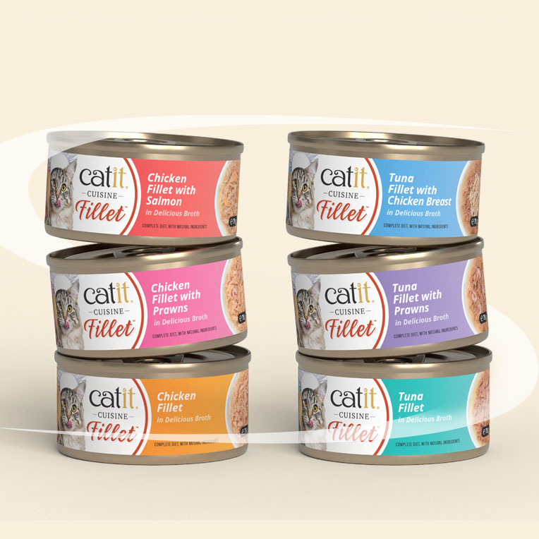 Six cans of Catit Cuisine Fillet cat food stacked in two columns, featuring various chicken and tuna flavor combinations