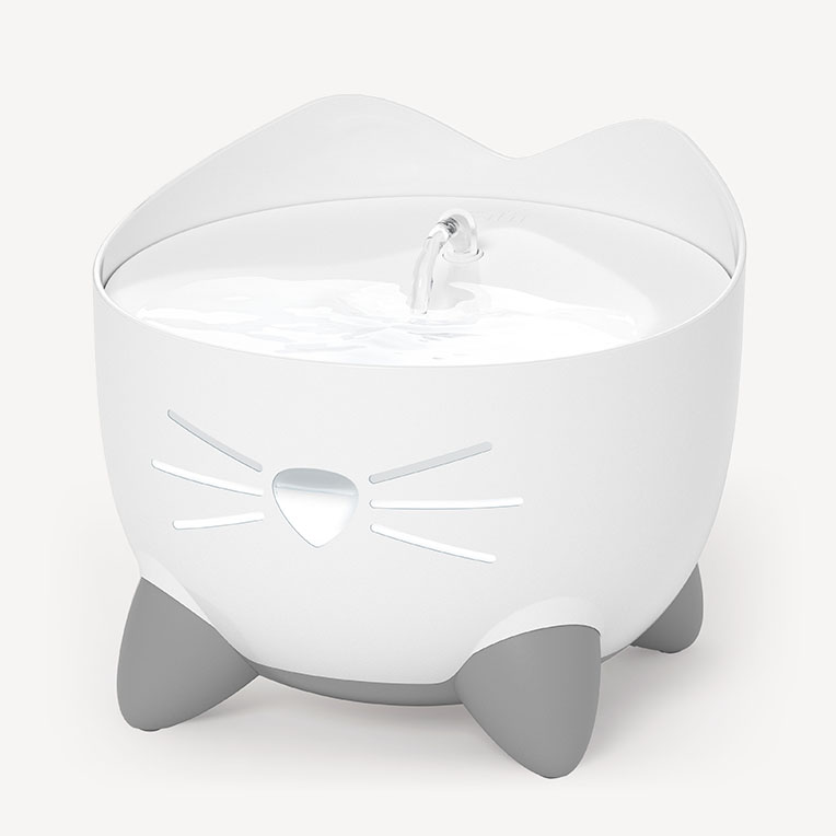 White PIXI cat water fountain with a grey base and cat-ear design