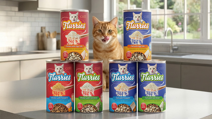 An orange tabby cat licking its lips behind six canisters of Catit Flurries freeze-dried cat food boosters