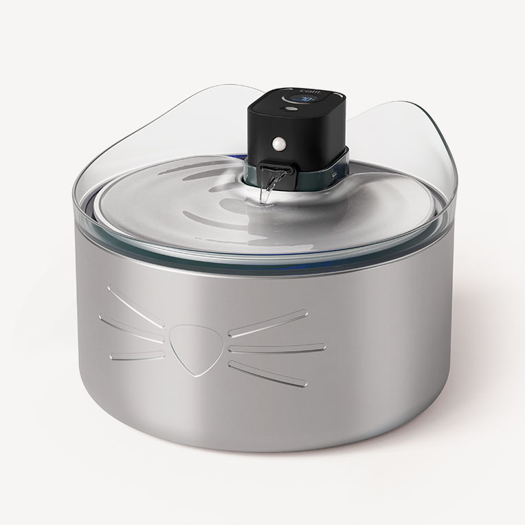 Catit PIXI stainless steel cat water fountain with a black UVC sterilization pump and cat-themed design