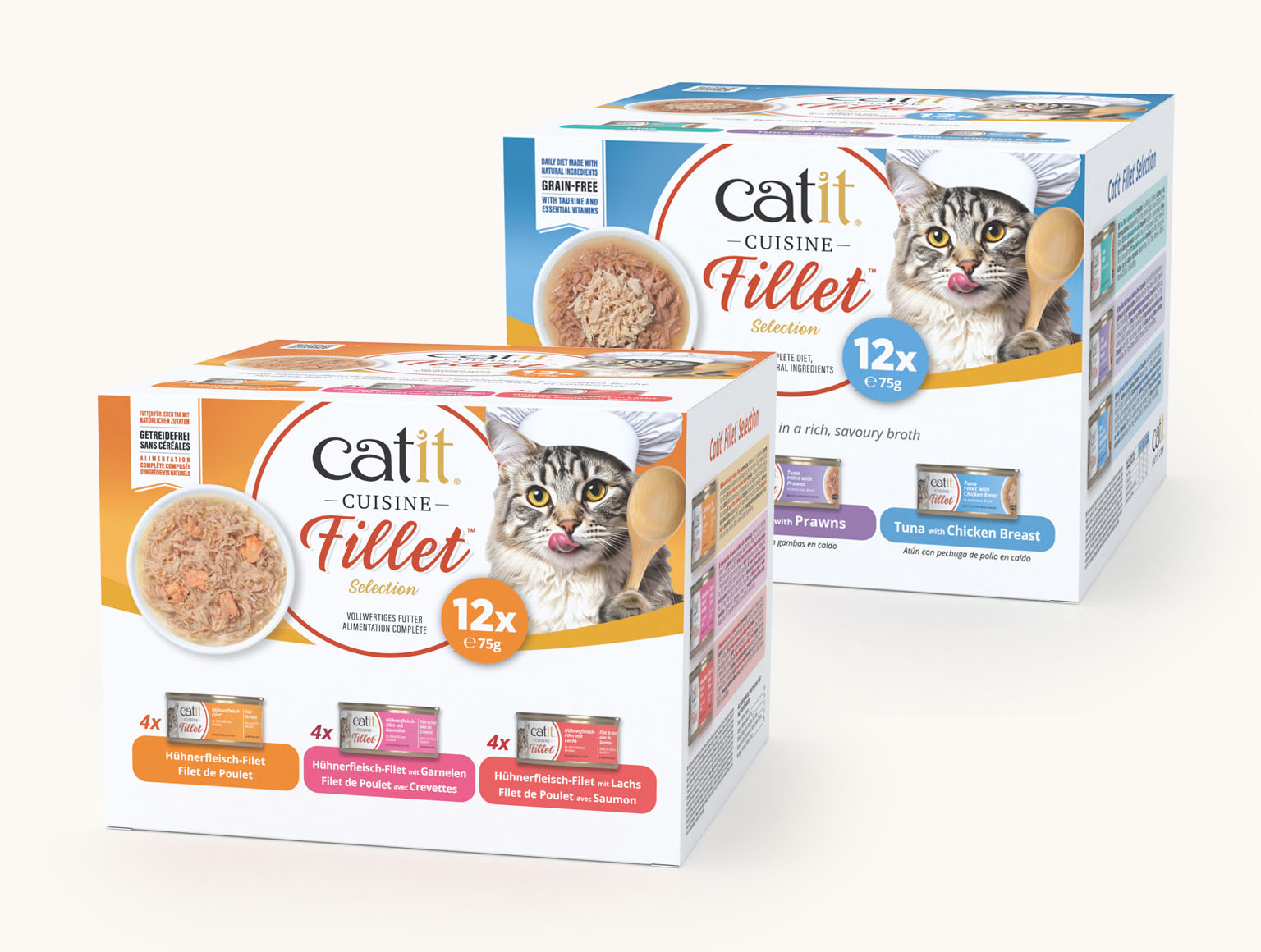 Two multipacks of Catit Cuisine Fillet cat food, featuring images of cats and individual cans of chicken, prawn, and salmon flavors