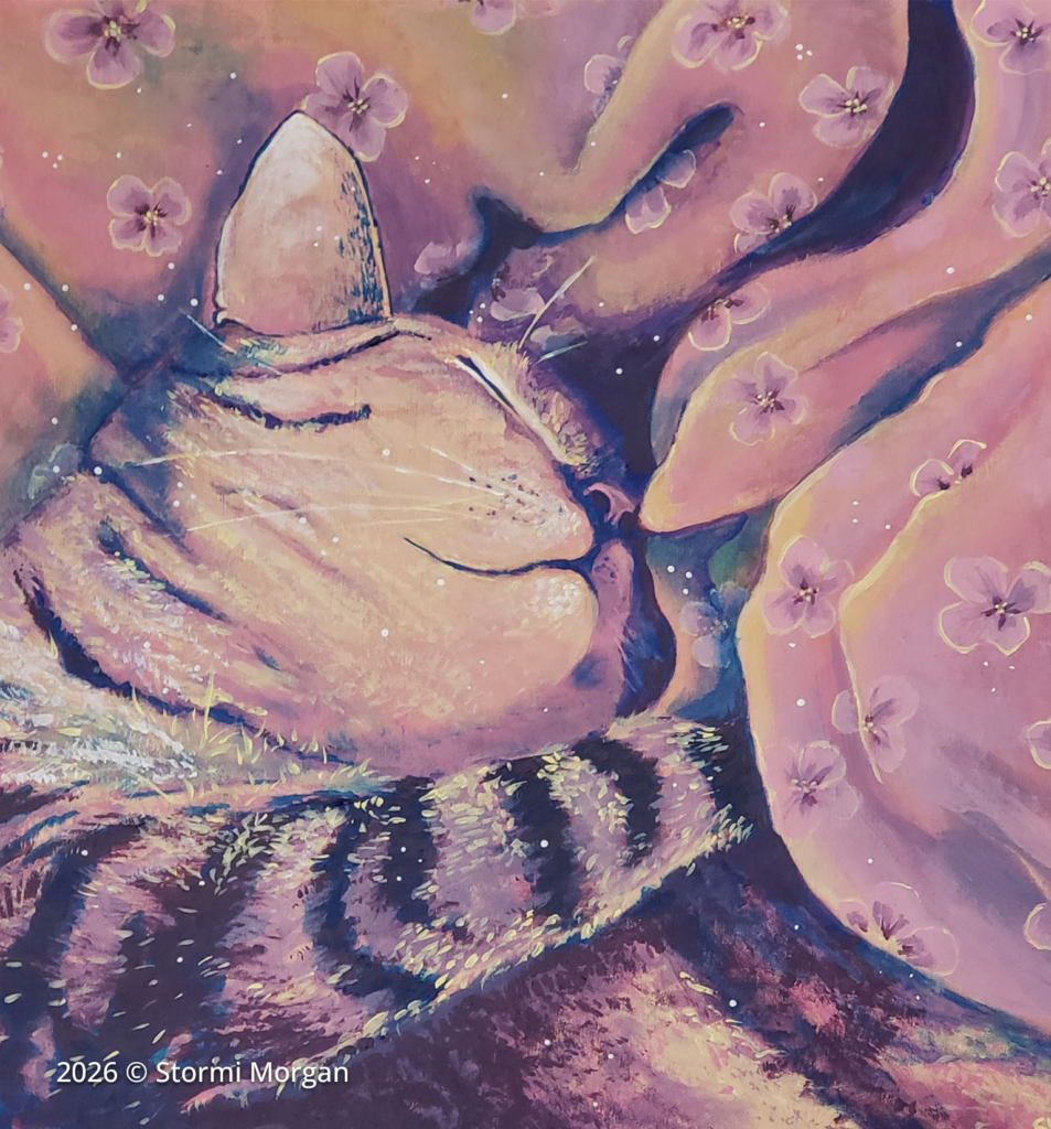 A painting of a tabby cat sleeping peacefully surrounded by pink flowers and soft, dreamy light