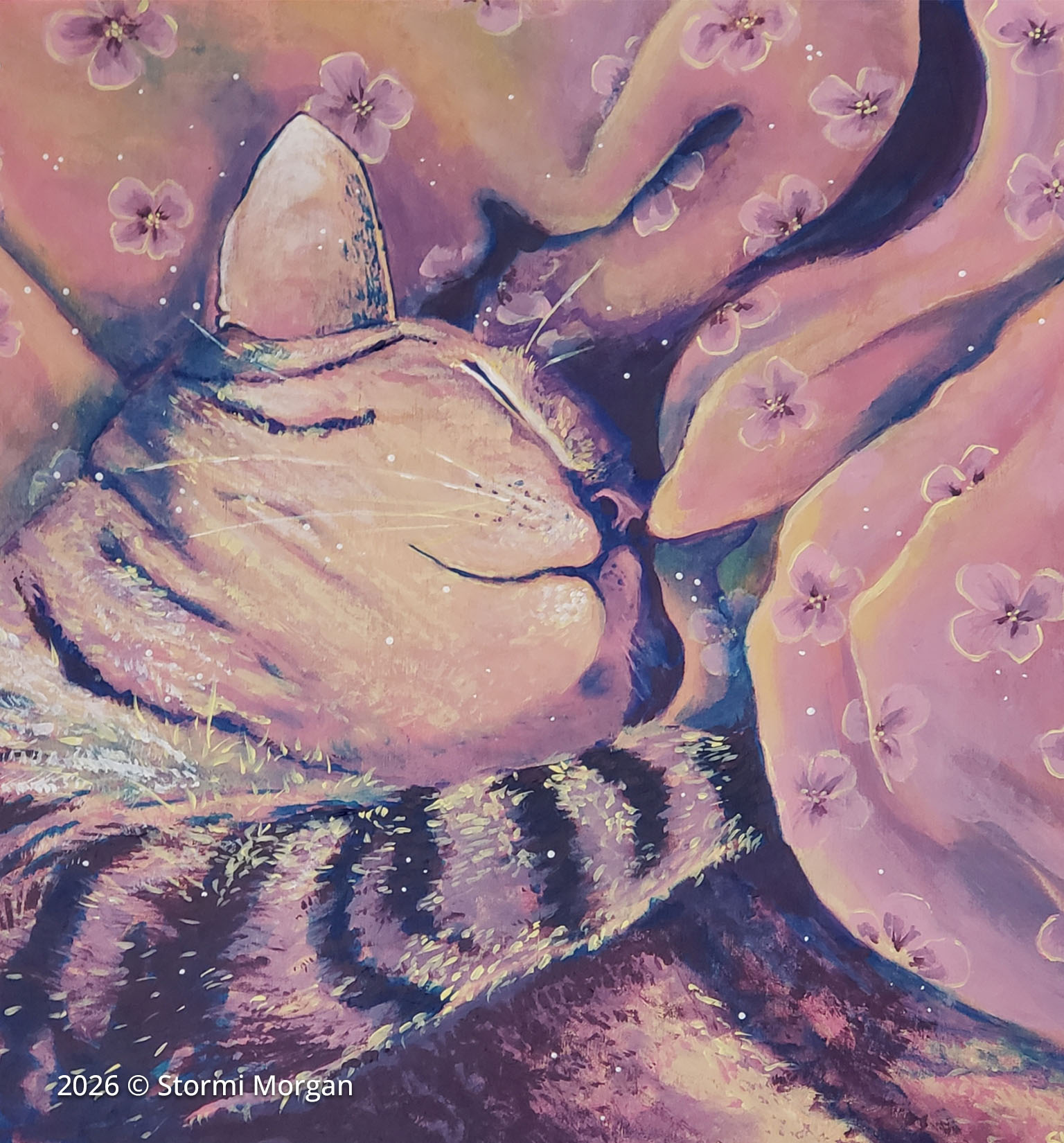 A painting of a tabby cat sleeping peacefully surrounded by pink flowers and soft, dreamy light