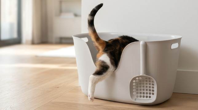 A calico cat with its tail raised stands inside a white Catit litter box with a scoop attached to the side