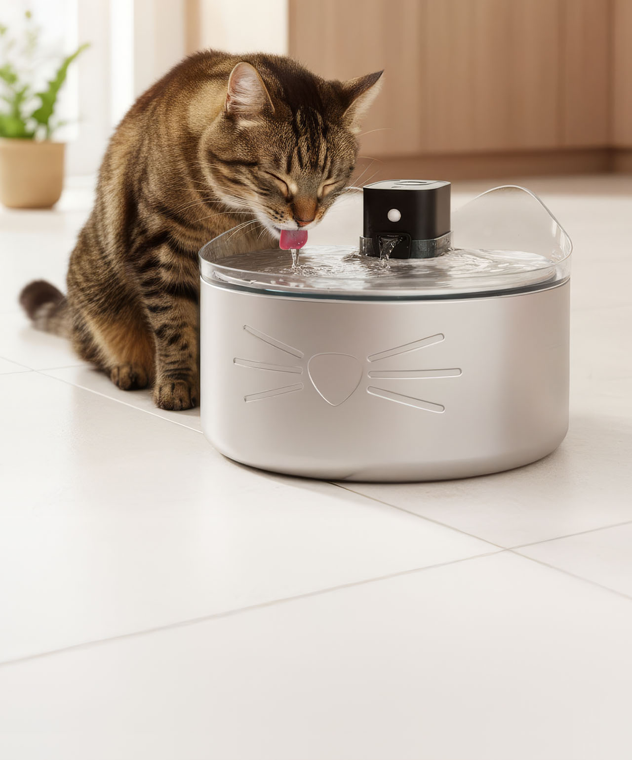 A tabby cat drinking from a silver PIXI cat water fountain on a tiled floor