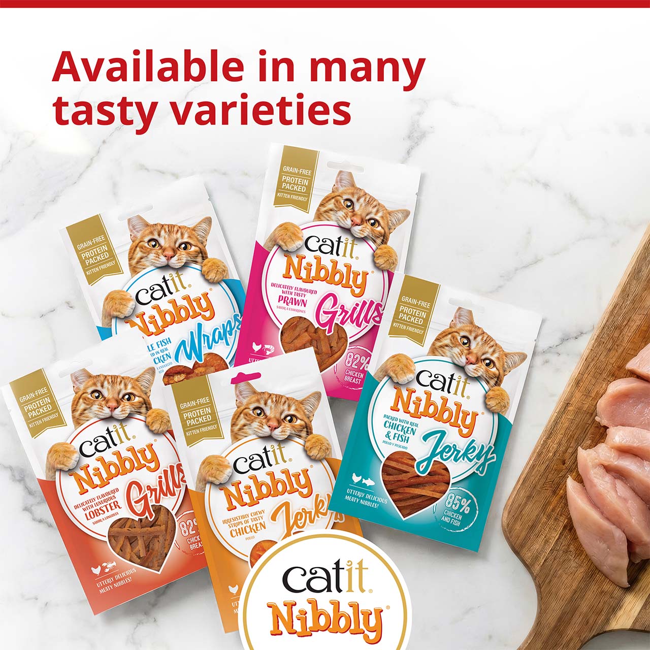 Promotional graphic showcasing various Catit Nibbly cat treat flavors and packaging styles