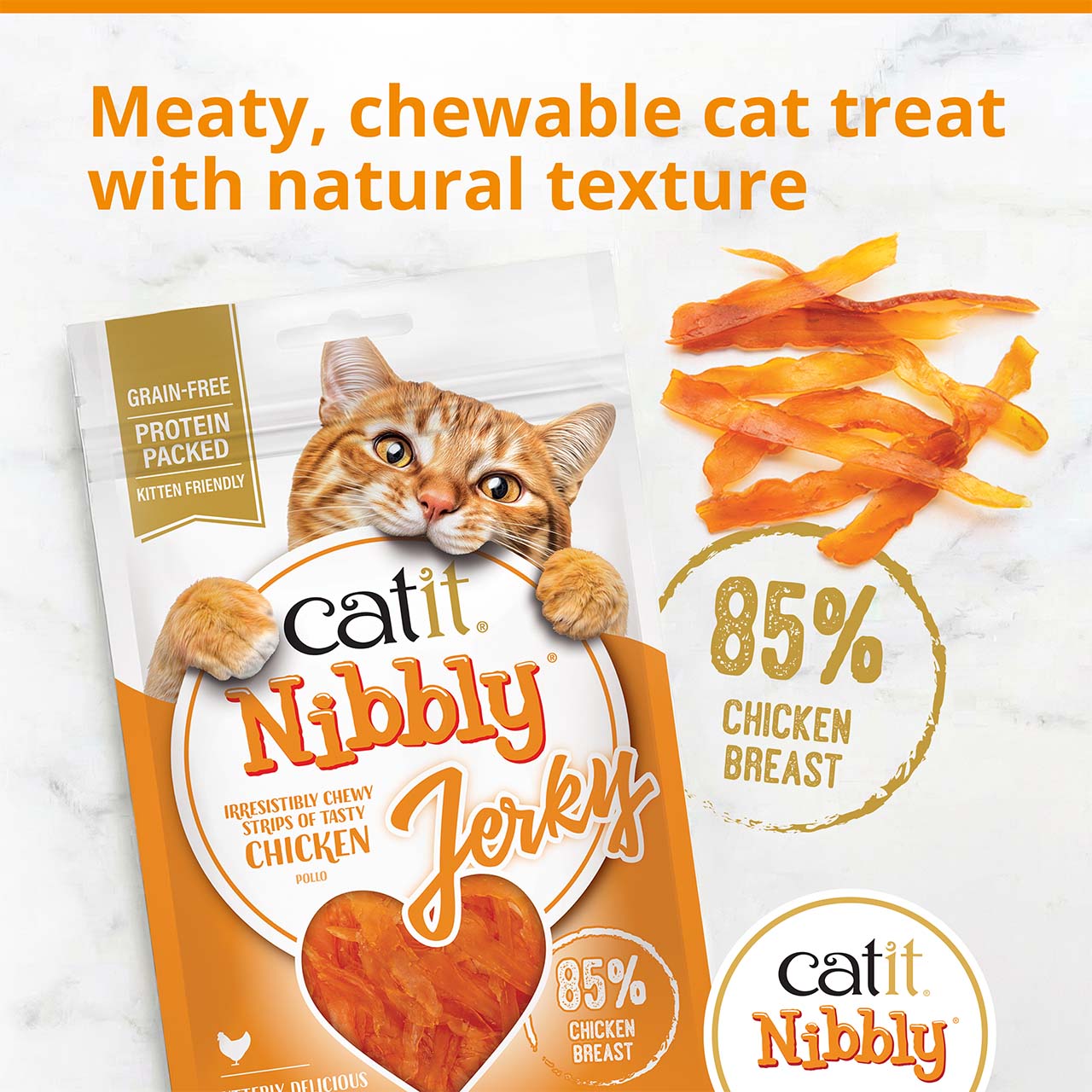 Catit Nibbly Jerky chicken cat treats, featuring 85% chicken breast in a grain-free, protein-packed, chewable strip format