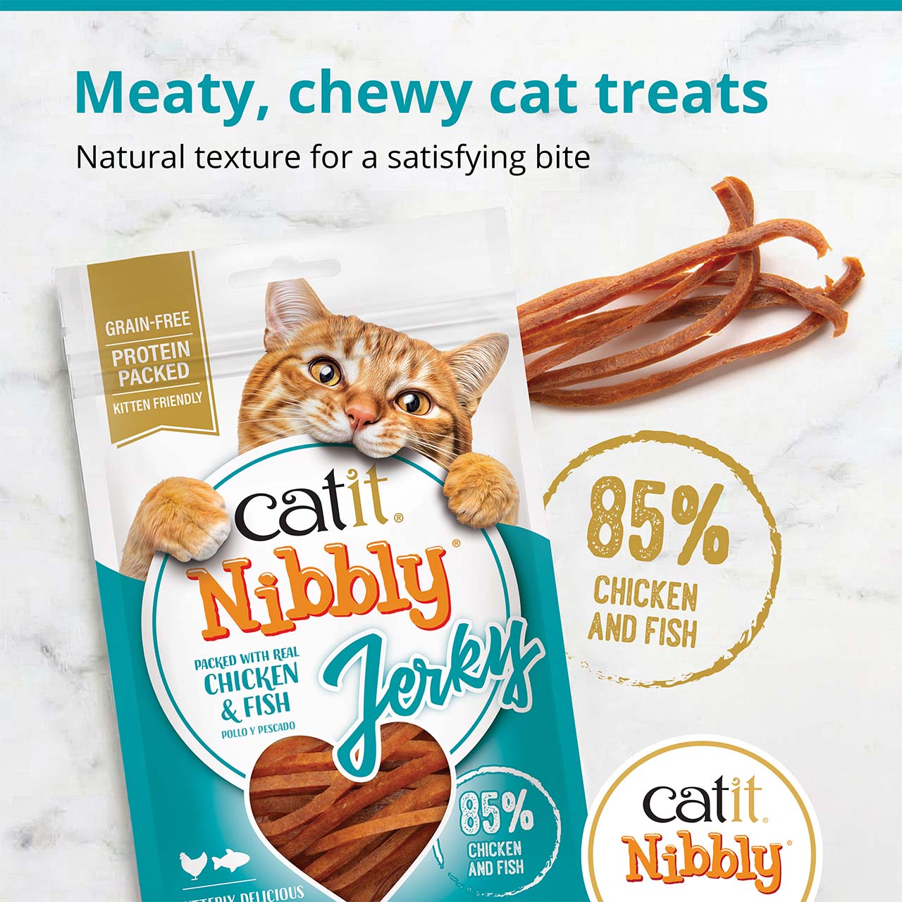 Catit Nibbly Jerky cat treats, featuring a grain-free, protein-packed formula made with 85% chicken and fish
