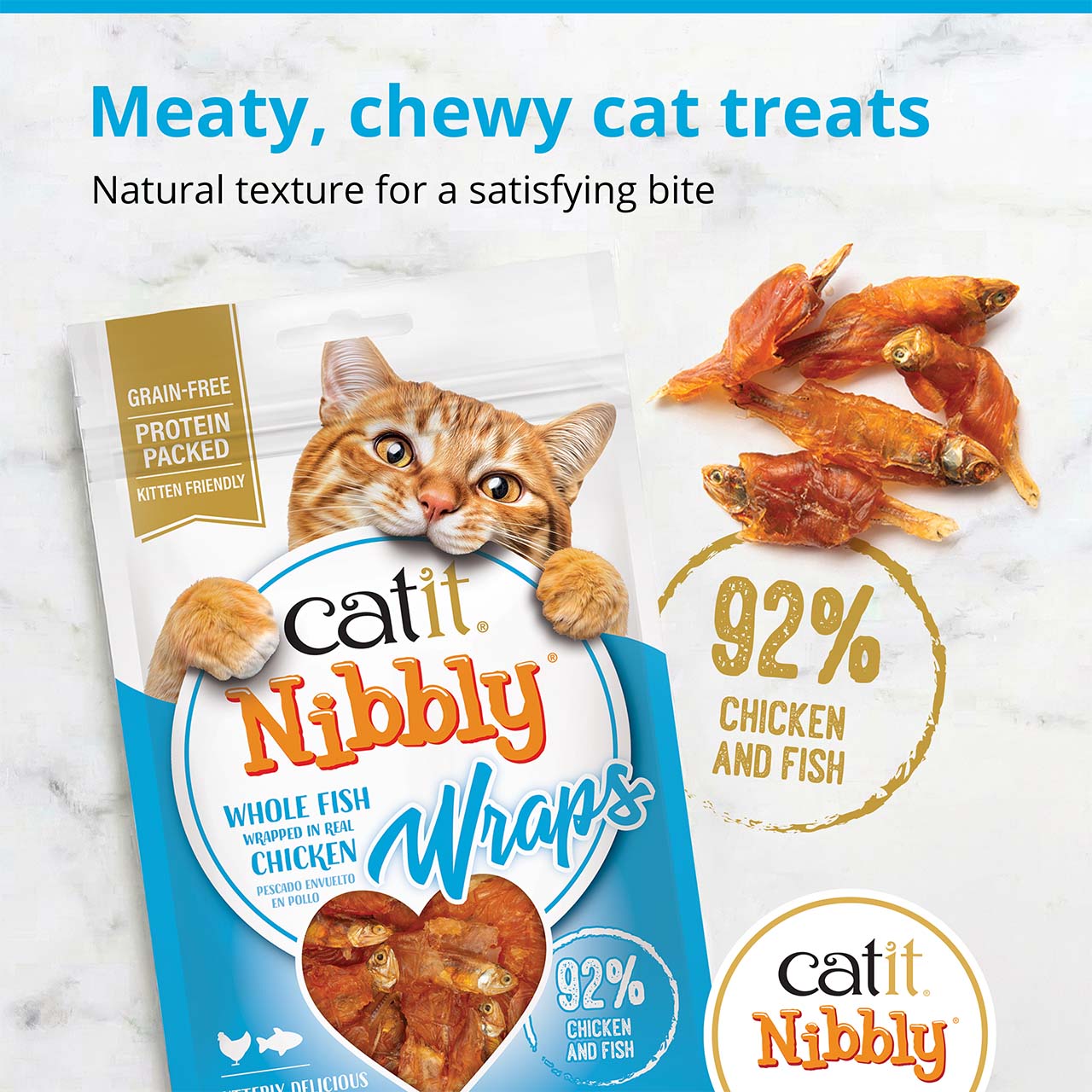 Catit Nibbly Wraps cat treats featuring whole fish wrapped in chicken, grain-free and protein-packed for kittens and cats